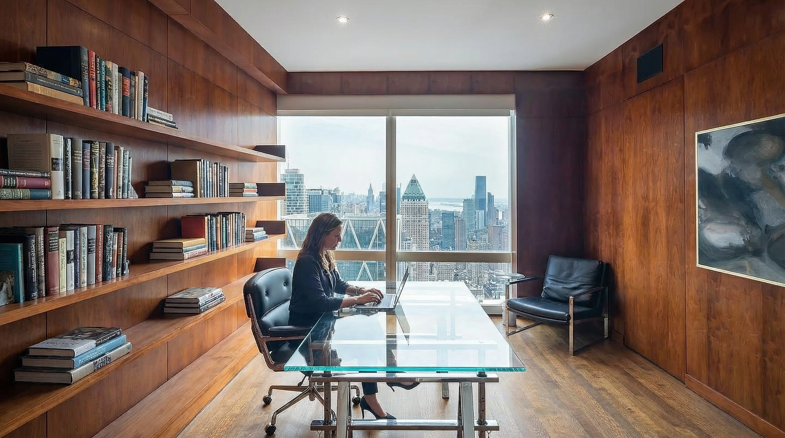 This sophisticated home office features extensive wood paneling and custom built-in shelving, creating a warm and professional atmosphere. The space is anchored by a sleek glass desk and is illuminated by natural light from a floor-to-ceiling window that offers a panoramic view of the city skyline. With its refined finishes and quiet, focused design, this room serves as an ideal workspace for productivity.