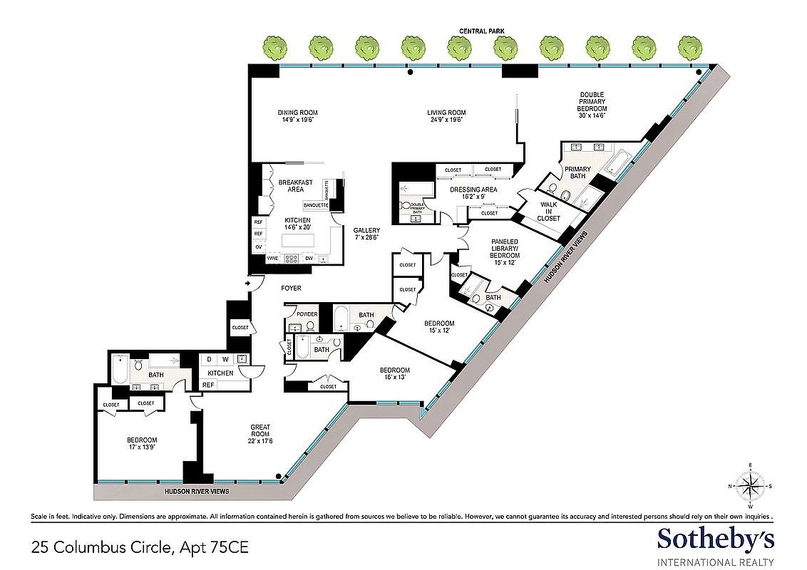 This image is a detailed architectural floor plan for a luxury apartment at 25 Columbus Circle, showcasing a sprawling layout with multiple bedrooms, bathrooms, and expansive living areas. The plan highlights premium features such as a paneled library, a dressing area, and dedicated views of both Central Park and the Hudson River. The perspective is a top-down, two-dimensional technical drawing, providing a clear and comprehensive overview of the property's spatial organization.