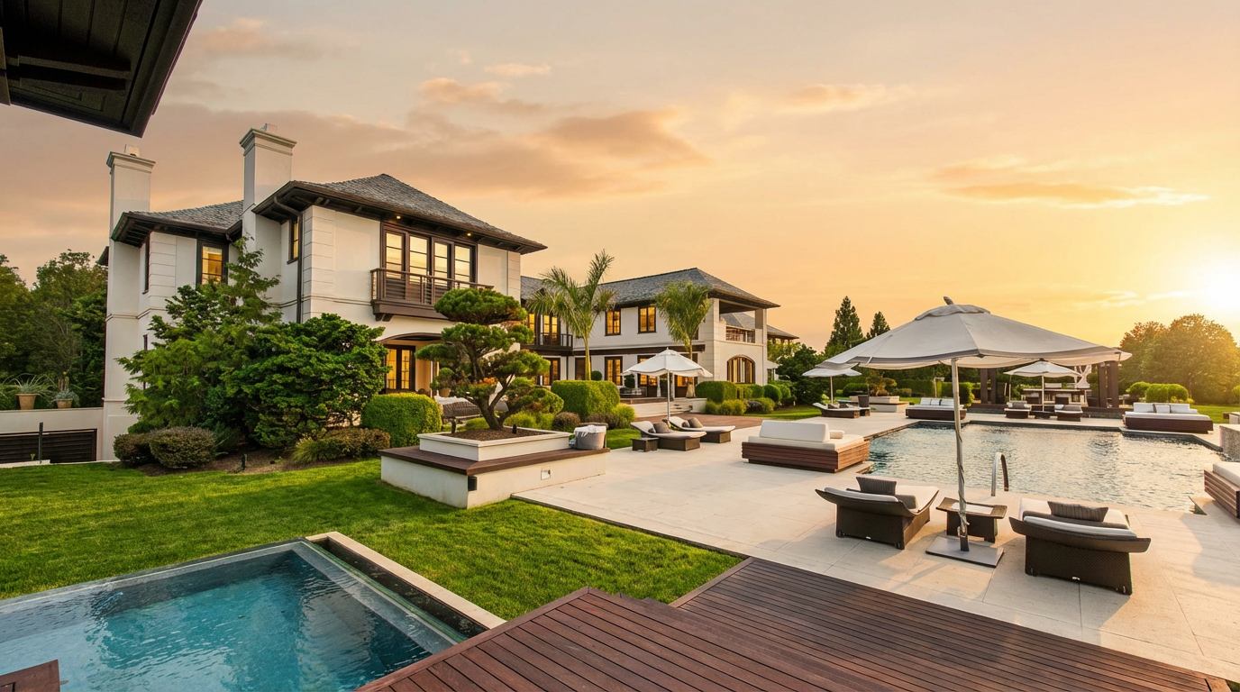 This image showcases a luxurious backyard featuring a large swimming pool with lounge chairs and umbrellas, a smaller plunge pool, and a well-manicured lawn. The property includes a grand house with white exterior and dark trim, complemented by lush landscaping and mature trees. The perspective is a wide shot, capturing the expansive outdoor living space and highlighting the property's high-end amenities.
