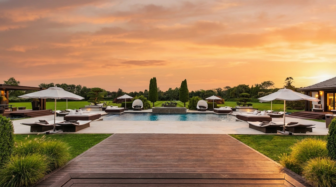 This image showcases a luxurious backyard pool area, featuring a rectangular pool surrounded by lounge chairs with white umbrellas. A wooden deck leads to the pool area, and manicured lawns and landscaping enhance the serene atmosphere. The scene evokes a sense of relaxation and high-end outdoor living.