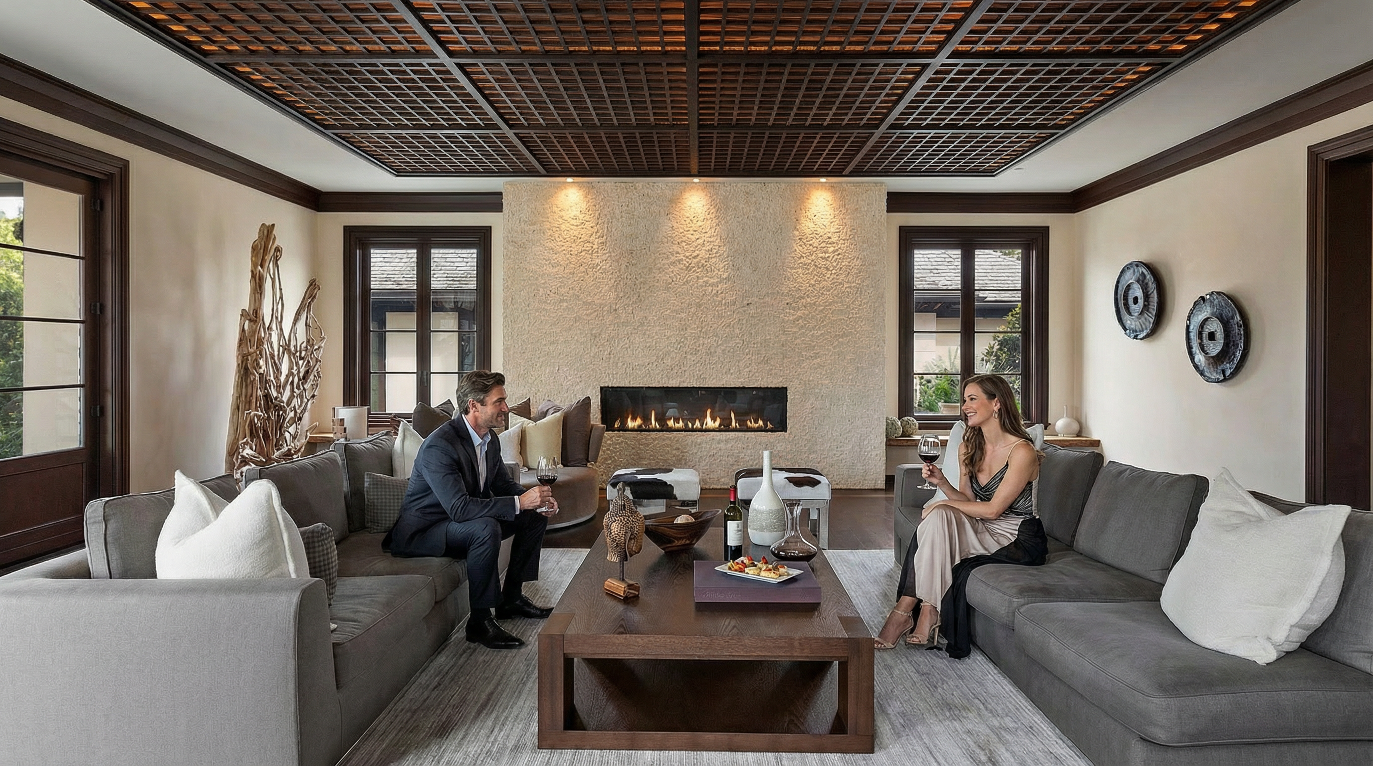 This is an interior shot of a luxurious living room featuring two gray sofas facing each other, separated by a large wooden coffee table. The room has a modern fireplace set into a textured wall, flanked by windows with dark frames. The ceiling is covered with a decorative wooden grid, adding a unique architectural element to the space.