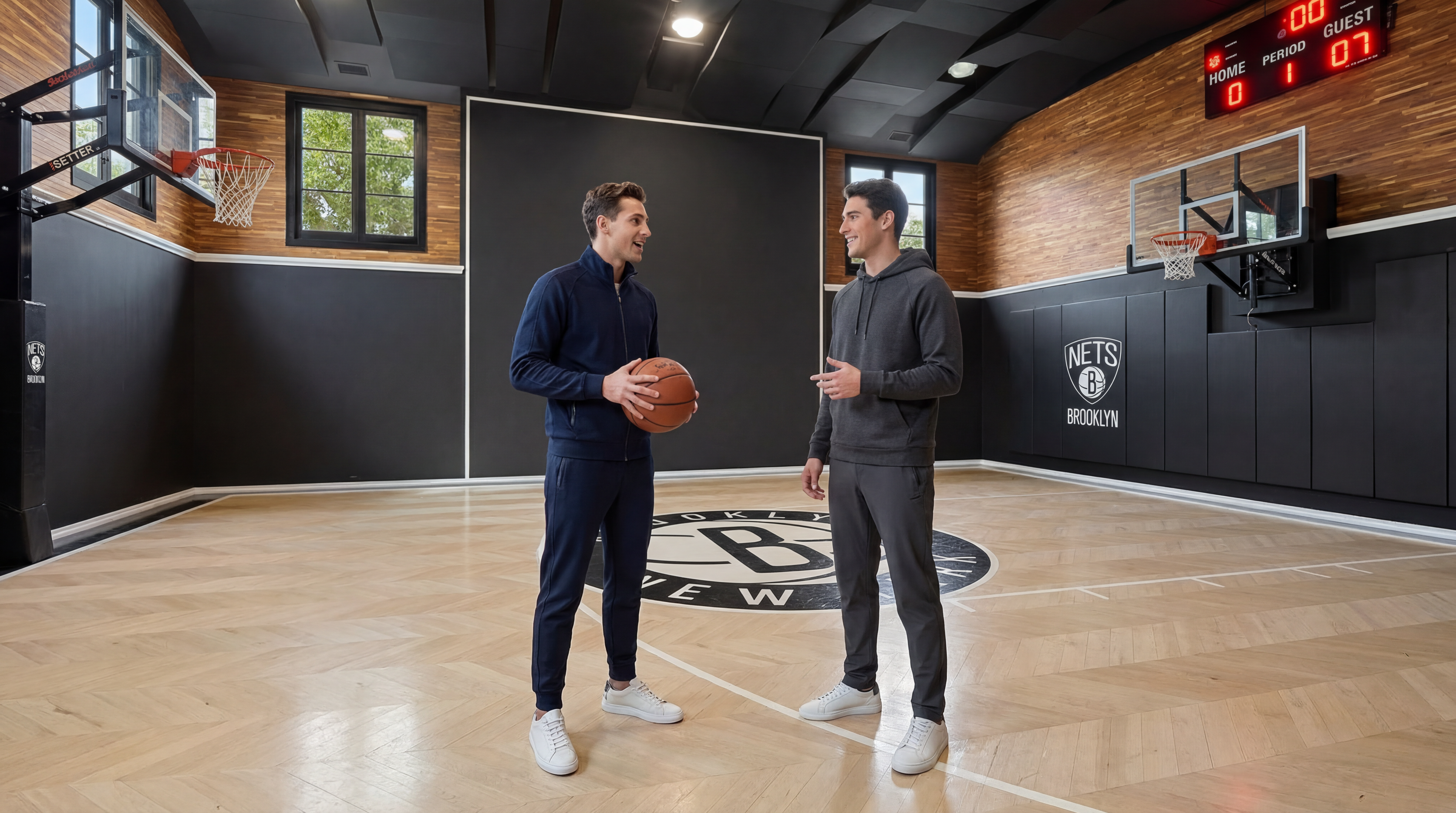 This is an indoor basketball court featuring a herringbone-patterned wooden floor with the Brooklyn Nets logo at center court. The walls are a combination of wood paneling and padded black sections, with a digital scoreboard visible in the background. The space is well-lit and designed for athletic activity.