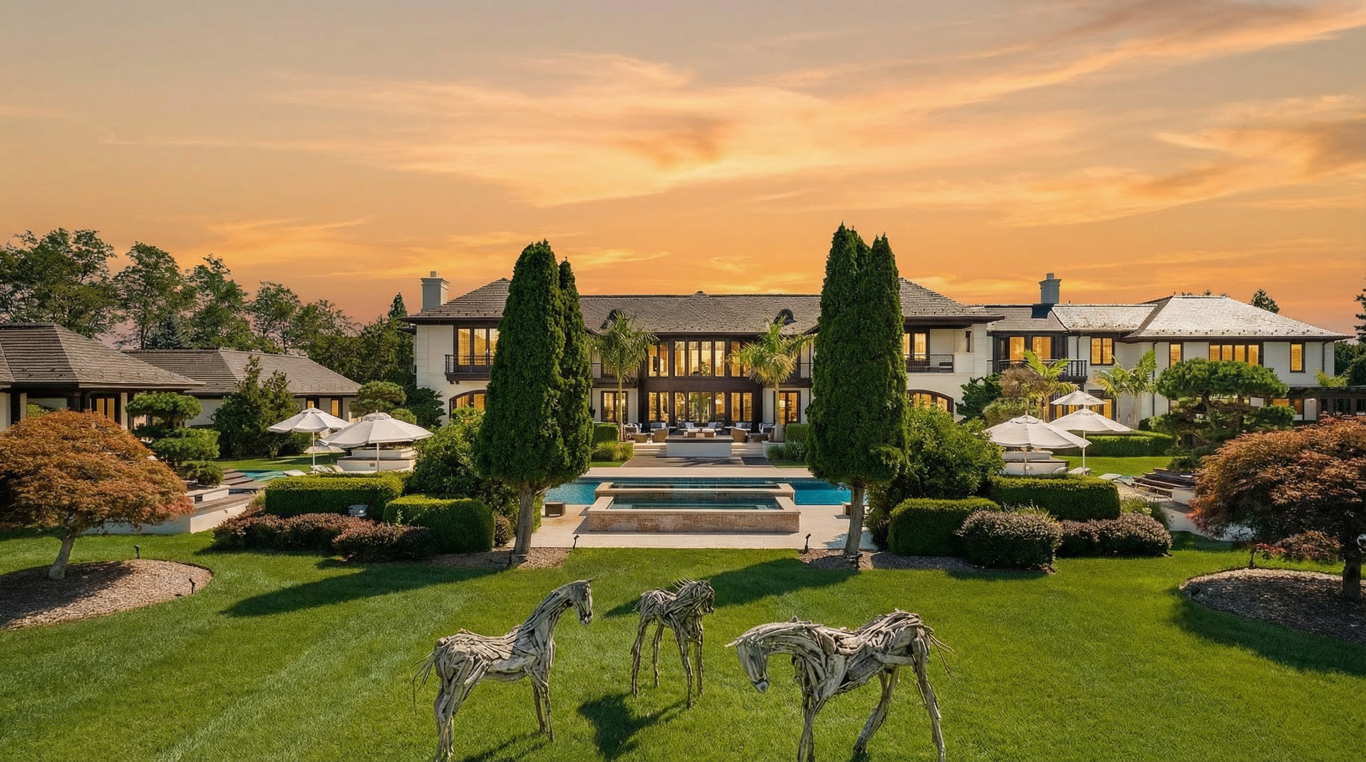 This is an exterior shot of a luxurious property, showcasing a meticulously maintained lawn with artistic horse sculptures in the foreground. The expansive backyard features a swimming pool, manicured hedges, and mature trees, leading up to a grand residence with multiple wings and a dark roof. The clear blue sky with scattered clouds enhances the overall impression of opulence and tranquility.