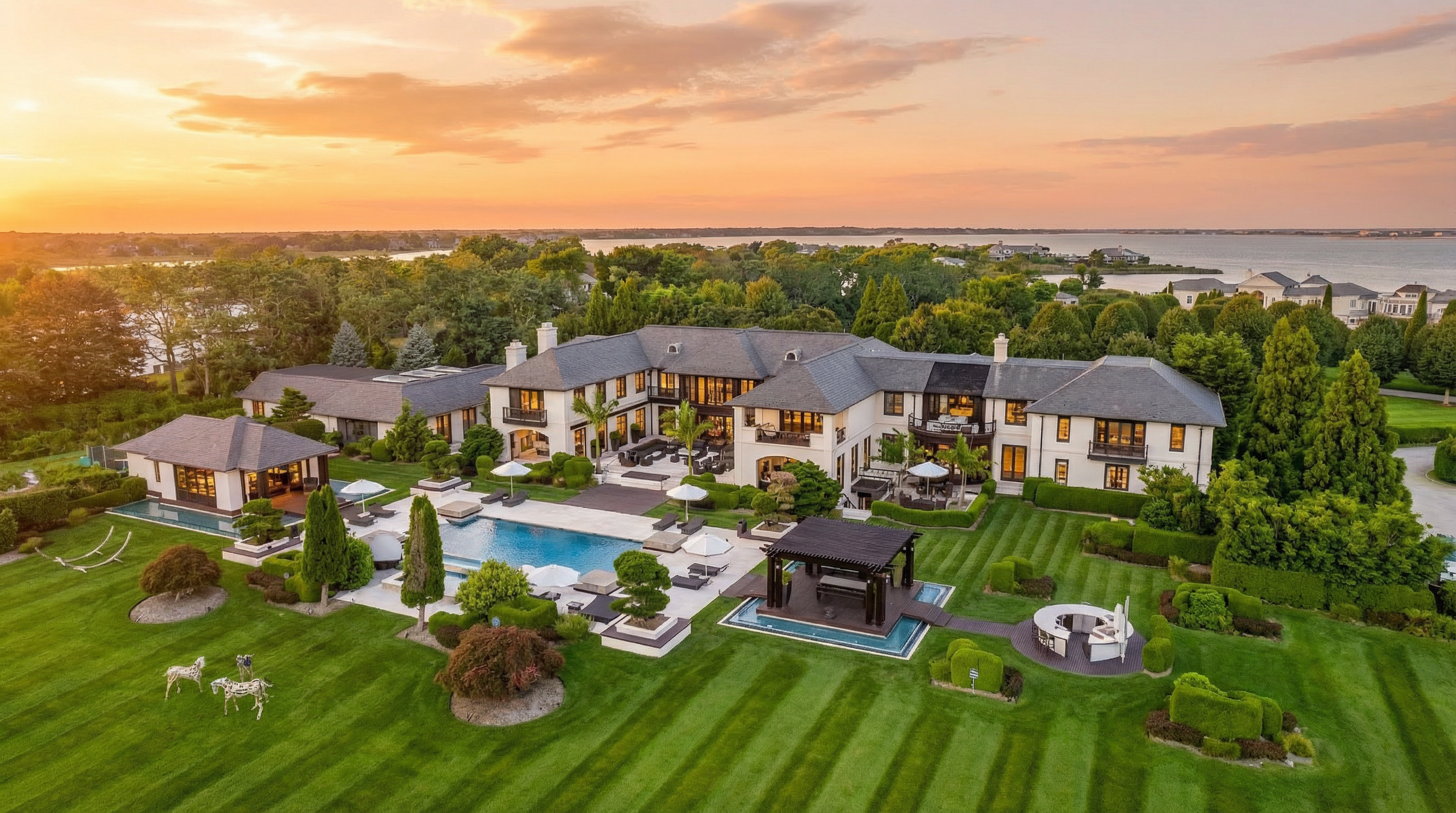 This aerial view showcases a sprawling estate with meticulously manicured lawns, a large swimming pool, and a luxurious outdoor living area. The main residence features a grand architectural design with a dark roof and light-colored facade, complemented by lush landscaping and mature trees. The property exudes elegance and offers a resort-like atmosphere.