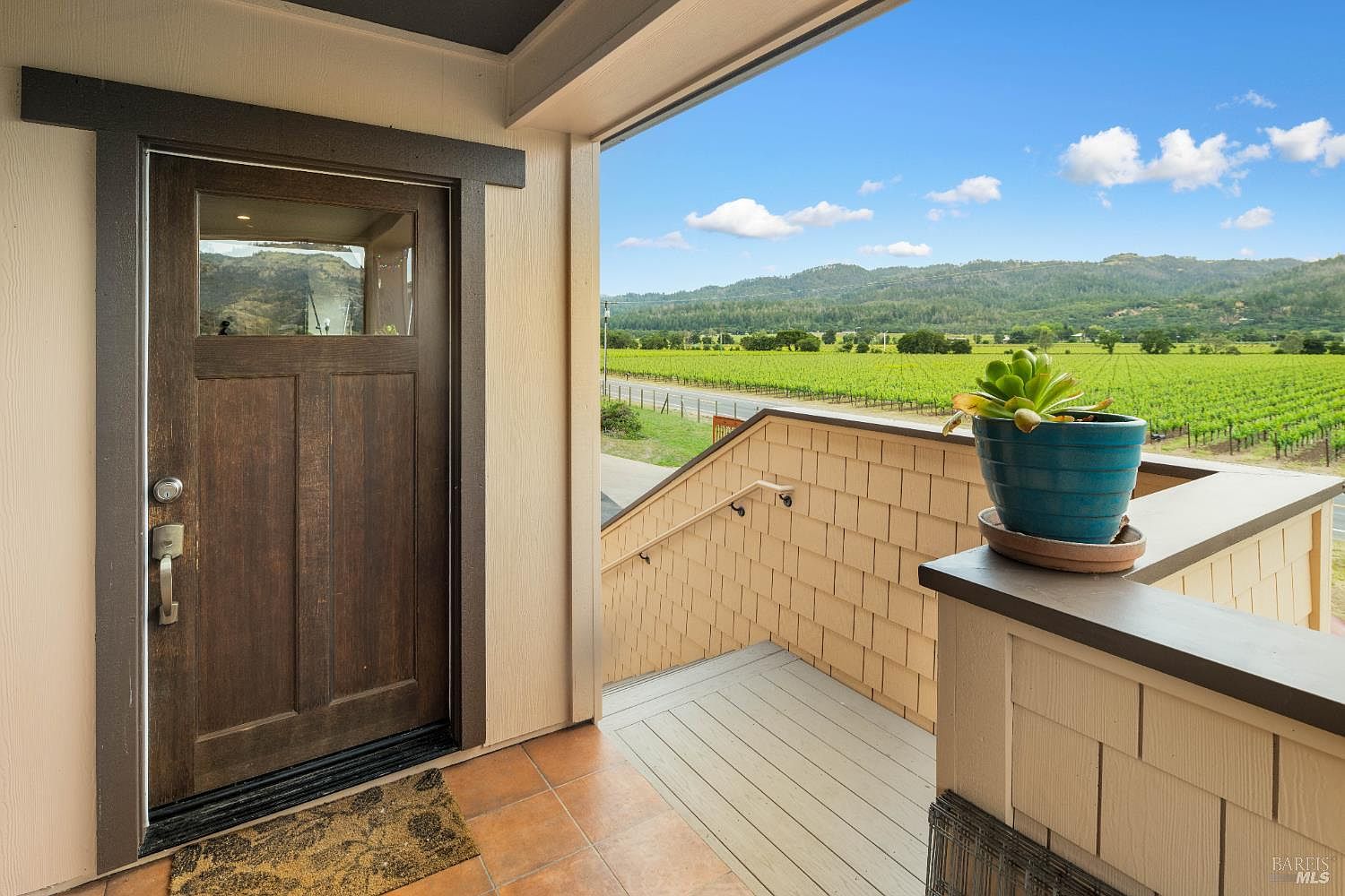 This image showcases the entryway of a home, featuring a dark wood door with a glass panel and a matching frame. The entrance area has tiled flooring and a view of a vineyard in the background. A potted succulent sits on a railing, adding a touch of greenery to the scene.