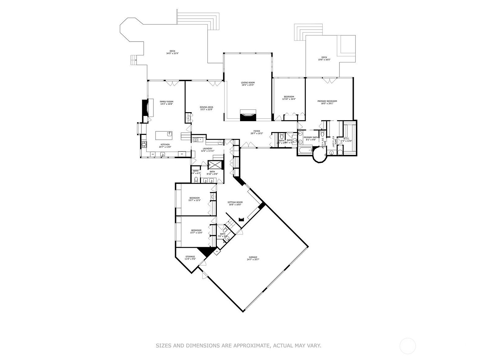 This image is a detailed architectural floor plan illustrating the layout of a large, multi-room residential property. The plan displays a sprawling design featuring a central living area, multiple bedrooms, a kitchen, a garage, and outdoor deck spaces. The layout provides a clear overview of the home's flow, room dimensions, and spatial relationships between different living zones.