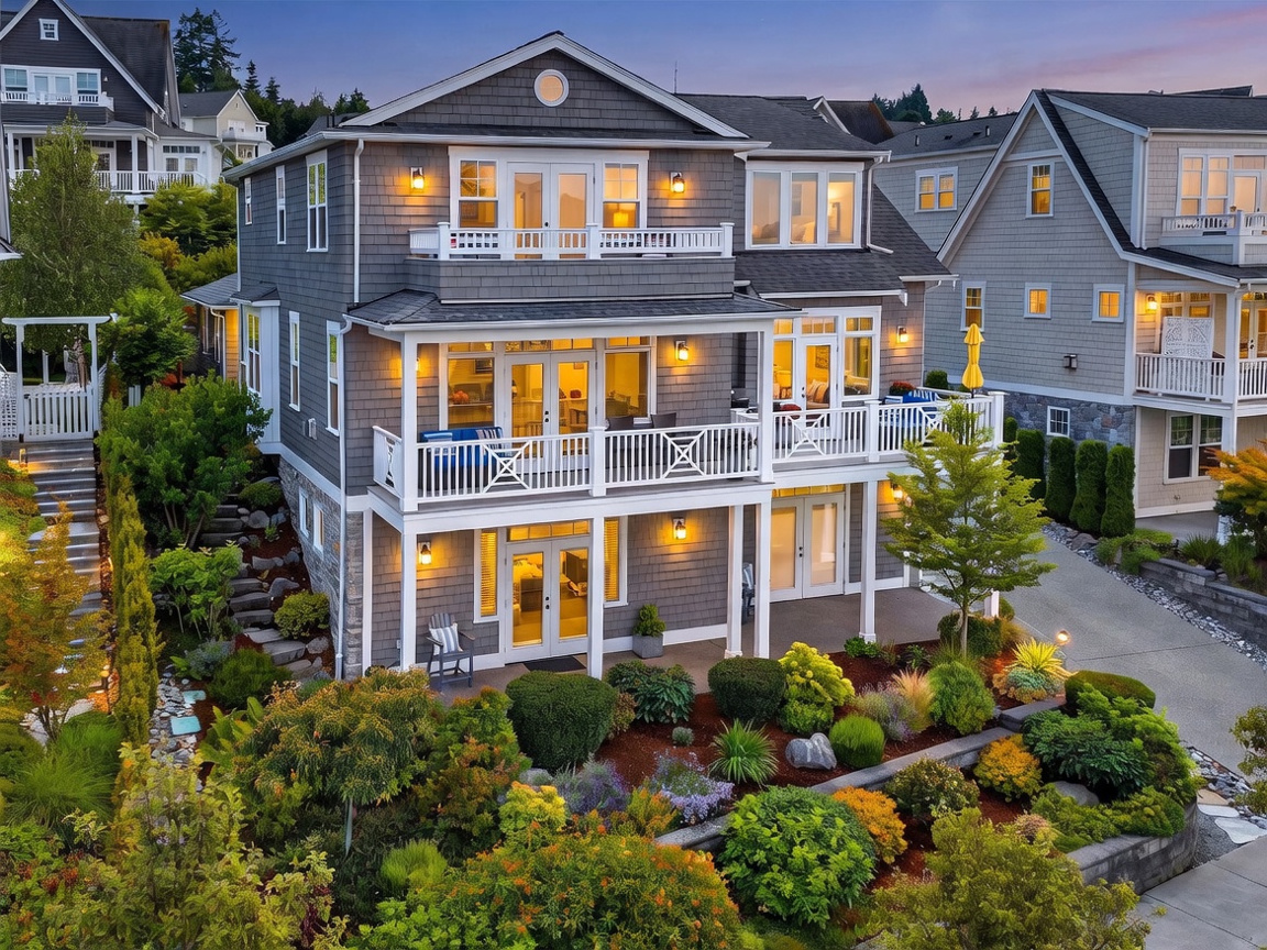 This multi-level coastal-style home features gray shingle siding, white trim, and multiple levels of spacious balconies overlooking a lush, tiered garden. The rear facade is characterized by large glass doors and windows that invite natural light into the living spaces, creating a seamless transition between indoor and outdoor living. The property is nestled in a landscaped setting with stone pathways and mature plantings, offering a serene and inviting atmosphere.