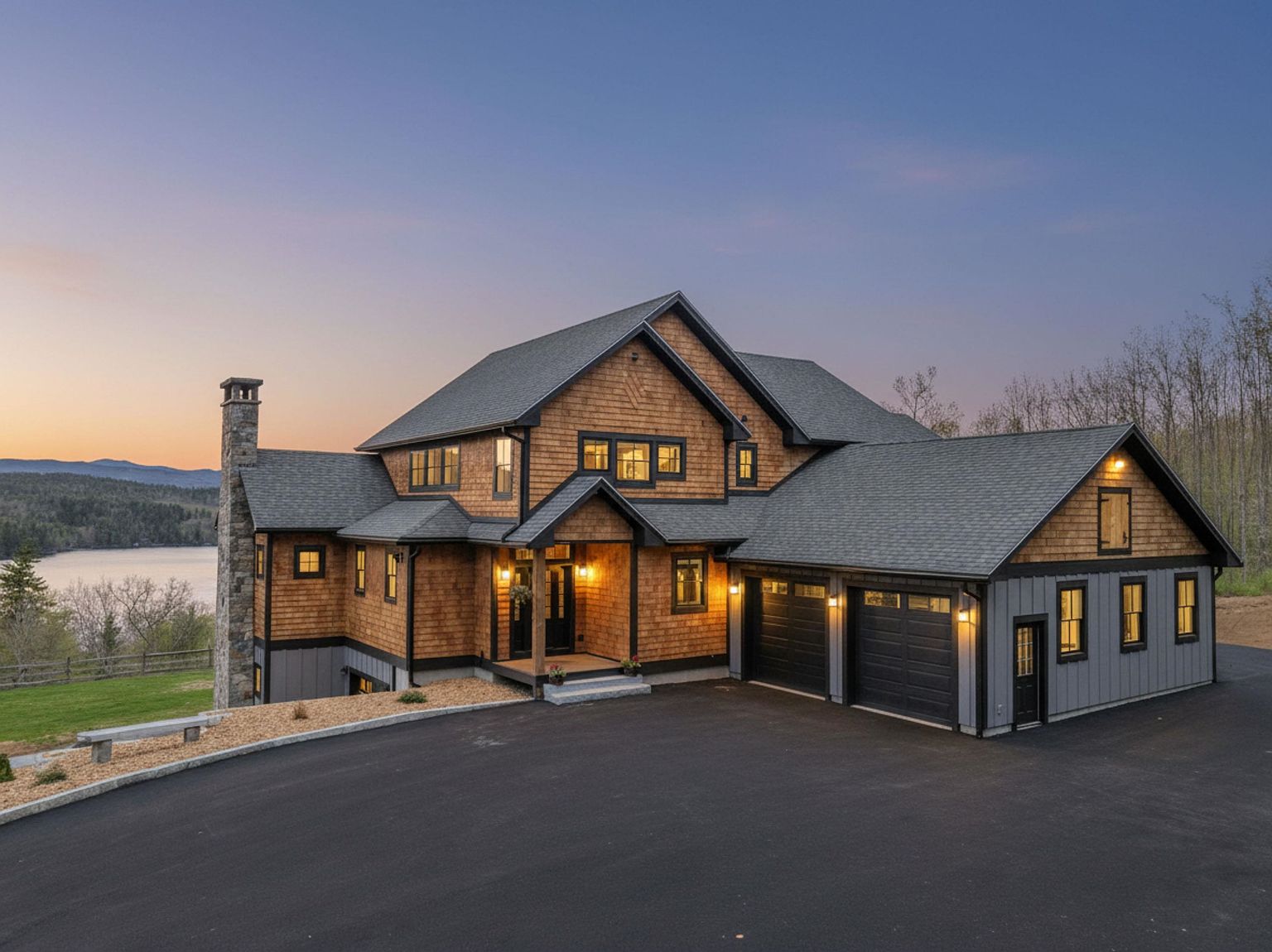 This stunning custom home features a blend of cedar shake siding and vertical board-and-batten accents, set against a picturesque lakeside backdrop at dusk. The exterior showcases a prominent stone chimney, a covered entryway with warm lighting, and an attached two-car garage. The wide asphalt driveway leads up to the house, which is framed by a serene landscape and a clear, twilight sky.