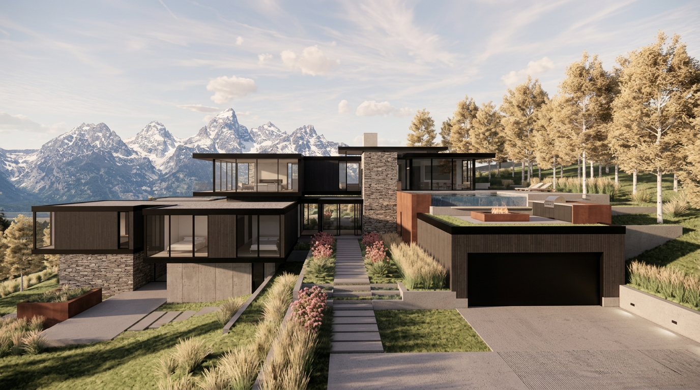 This stunning contemporary residence boasts a luxurious modern design with dark wood cladding, extensive stone accents, and expansive floor-to-ceiling glass windows that frame spectacular mountain views. The property features a multi-level layout with a sleek infinity-edge pool, multiple stone-paved terraces, and a clean, landscaped path leading to the entrance, creating an impressive and sophisticated architectural statement. Set against a dramatic mountain backdrop, this home perfectly blends high-end modern aesthetics with natural rugged surroundings.