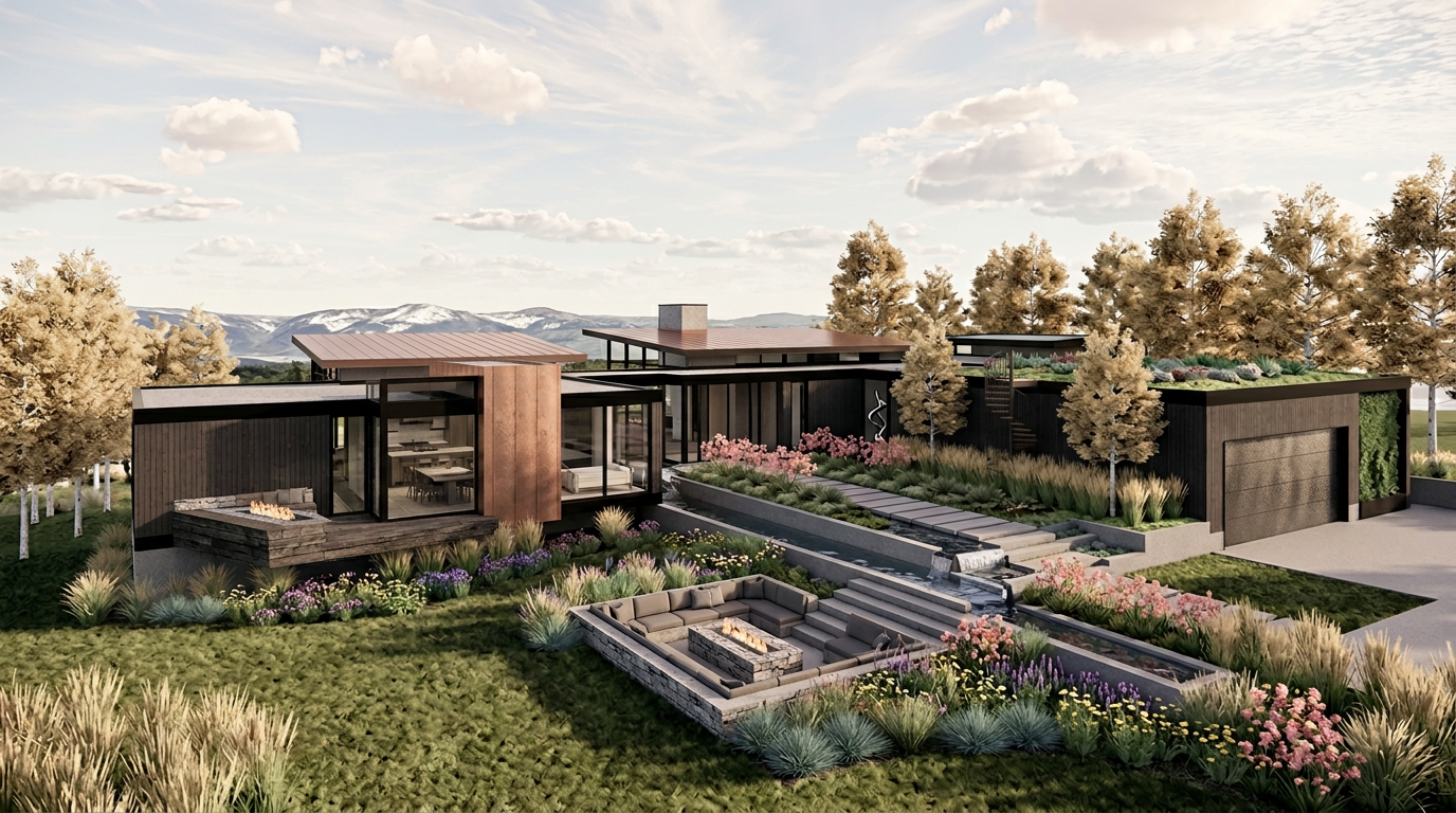 This stunning contemporary residence showcases a sophisticated integration of dark, natural wood siding and warm copper accents set against a dramatic mountain backdrop. The property features a multi-level landscape design including a sunken fire pit lounge, tiered water features, and a living green roof, all emphasizing a luxury indoor-outdoor lifestyle. This impressive architectural rendering highlights a thoughtful blend of modern geometry and lush, terraced gardens, perfect for discerning buyers seeking high-end mountain living.