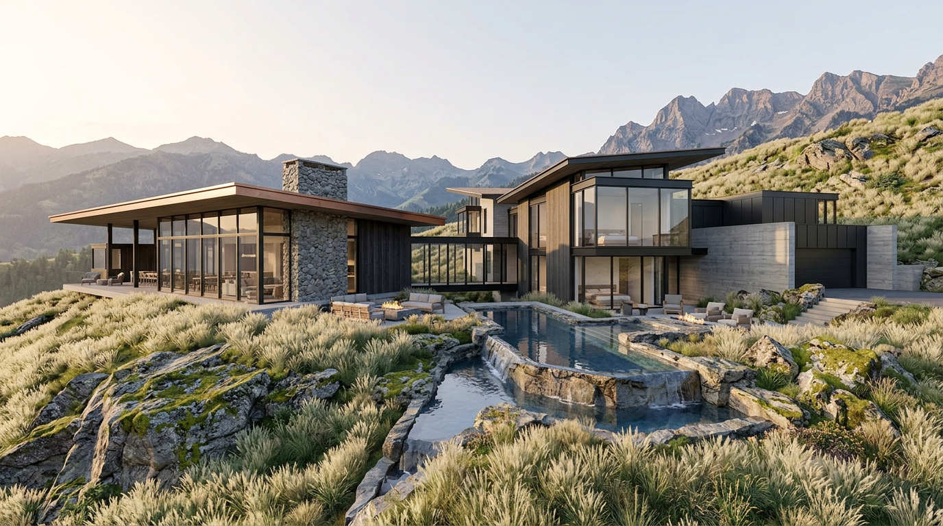 This stunning contemporary mountain residence features a blend of natural stone, wood siding, and expansive floor-to-ceiling glass that frames breathtaking alpine vistas. The property boasts a dramatic multi-level infinity pool with natural rock accents that seamlessly integrates with the rugged, grassy hillside landscape. A large outdoor patio with a fire pit area offers an exceptional space for luxury outdoor living and entertaining.