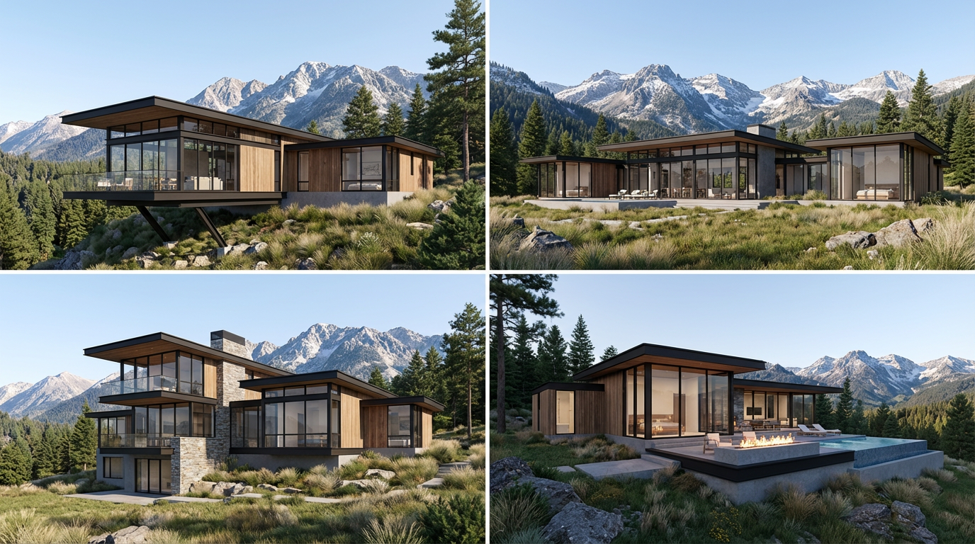 This composite image showcases a sophisticated modern mountain residence from various exterior angles, emphasizing its seamless integration with the rugged alpine landscape. Key architectural features include expansive floor-to-ceiling glass walls, sleek wood and stone siding, cantilevered balconies, and a private pool area, all designed to highlight the panoramic mountain views. The aesthetic conveys a high-end, luxury retreat that perfectly balances contemporary design with natural beauty.