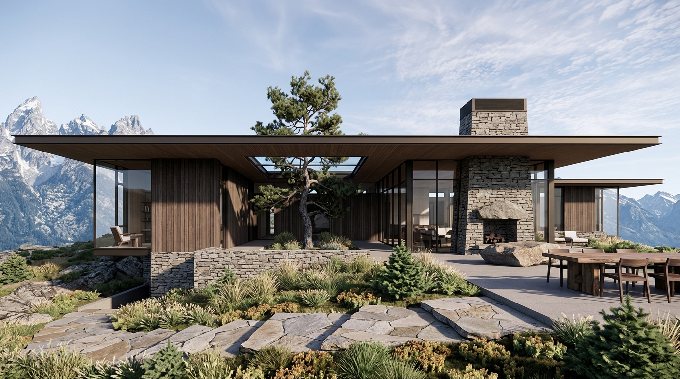 This stunning contemporary residence showcases a modern architectural style with clean lines, dark wood paneling, and massive floor-to-ceiling glass walls that frame breathtaking mountain vistas. The outdoor living space features an expansive stone patio with an integrated fireplace and central courtyard, perfectly blending luxury with the rugged natural landscape. An ideal retreat for those who appreciate high-end design, seamless indoor-outdoor connectivity, and serene, natural surroundings.