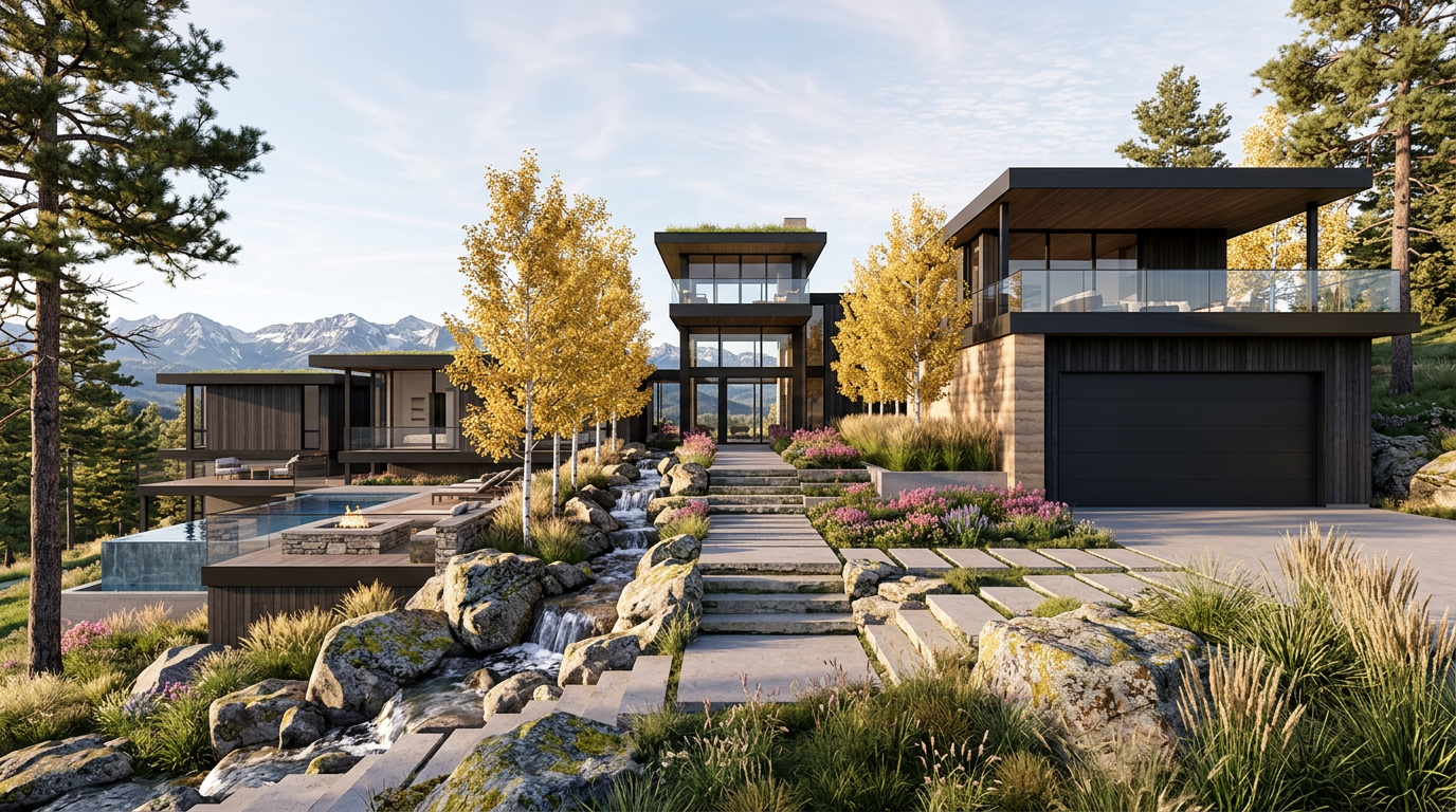 This stunning contemporary mountain estate features a seamless blend of dark-stained wood siding and natural stonework, complemented by a cascading water feature alongside the stone staircase. The property boasts a dramatic infinity pool, an elevated balcony terrace, and a multi-level layout that highlights a sophisticated, luxury architecture design integrated into a serene landscape. With mountain vistas in the background and vibrant autumn foliage, the home offers an exceptional sense of high-end, modern living.
