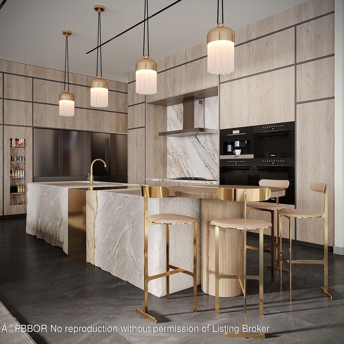 This is a modern kitchen featuring a large island with a stone countertop and gold accents, complemented by matching bar stools. The kitchen is equipped with built-in appliances and stylish pendant lighting, creating a luxurious and functional space. The color palette is neutral with gold accents.