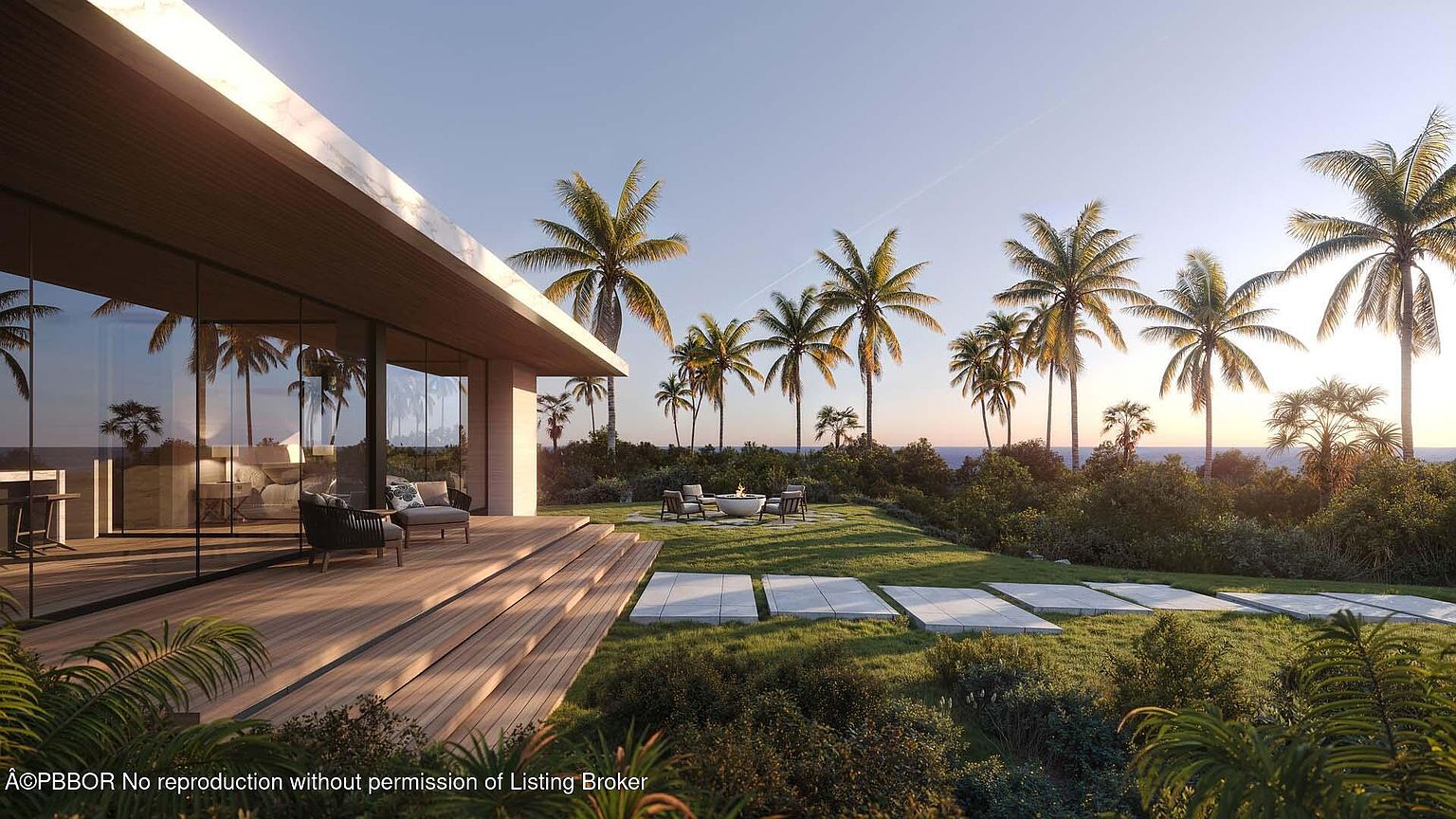 This exterior shot showcases a modern home with a spacious yard featuring palm trees and a fire pit area. A wooden deck extends from the house, leading to a stone pathway through the lush green lawn. The overall impression is one of luxury and tranquility, perfect for outdoor living and entertaining.