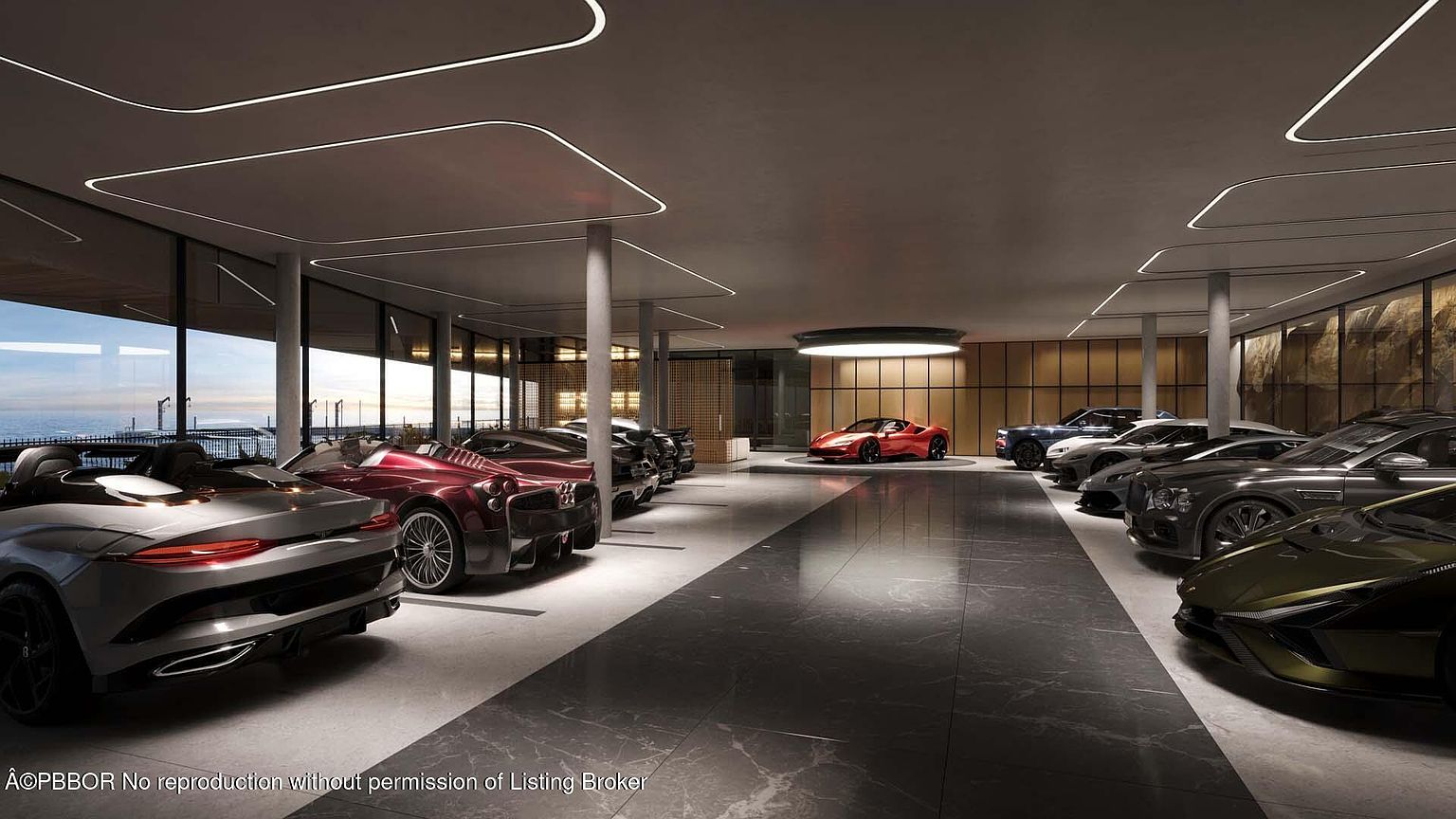 This image showcases a luxurious garage featuring a collection of high-end sports cars and convertibles. The garage boasts modern design elements, including sleek lighting fixtures, polished marble floors, and floor-to-ceiling windows offering a glimpse of the outside. The space is well-lit and spacious, emphasizing the exclusivity and sophistication of the property.