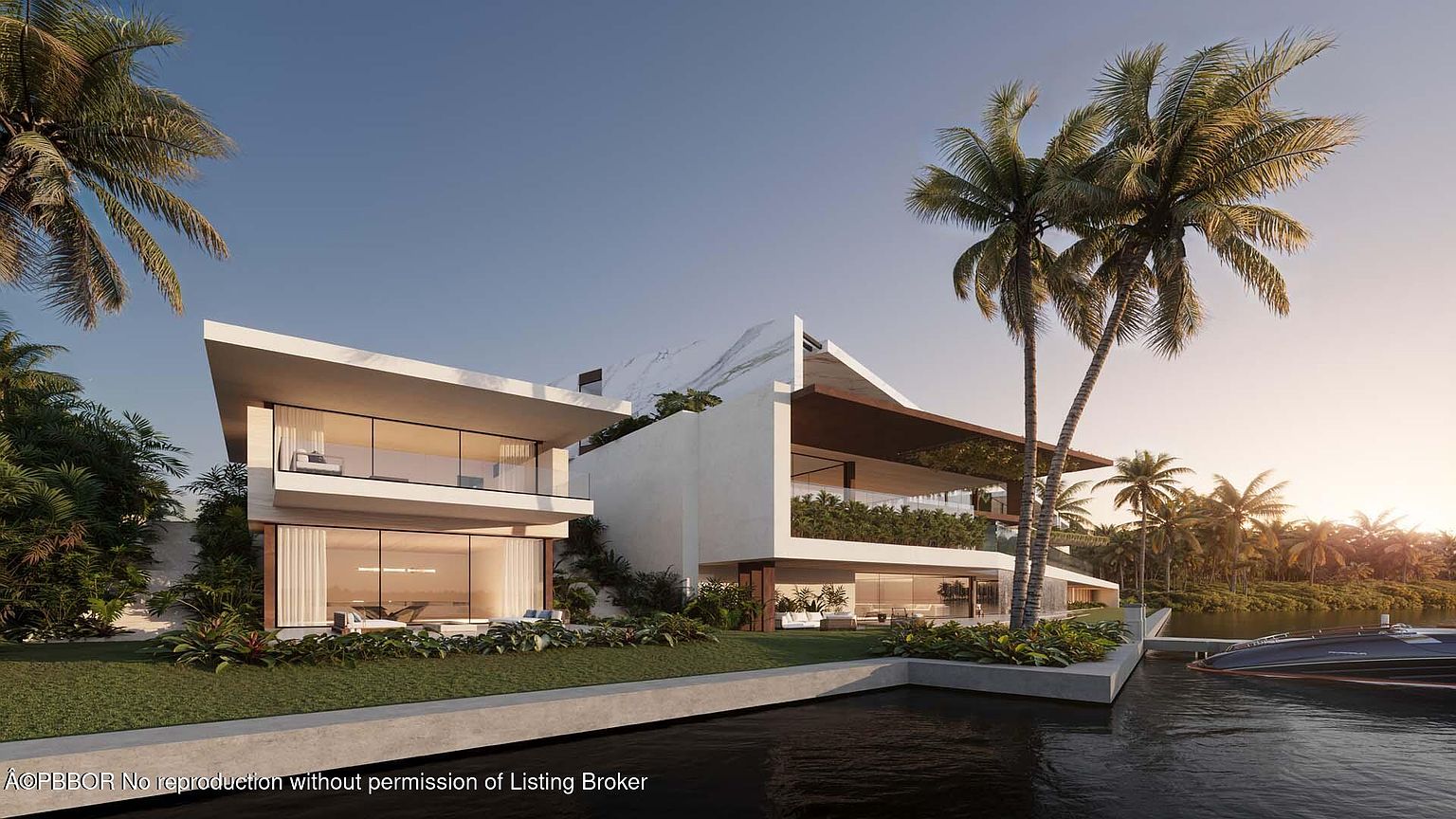 This image showcases the rear exterior of a modern luxury home with a waterfront view. The architecture features clean lines, large glass windows, and multiple levels with outdoor living spaces. Lush landscaping and palm trees surround the property, enhancing its tropical appeal, while a boat is docked at the private waterfront access.