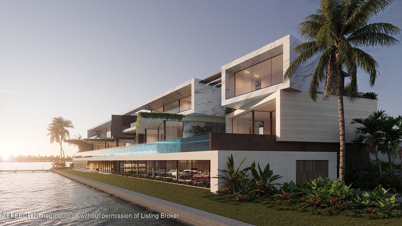 This image showcases the rear exterior of a modern luxury home with a waterfront view. The architectural design features clean lines, large glass windows, and a combination of marble and light-colored stone finishes. A swimming pool is elevated on the main level, and a garage with multiple cars is visible on the ground floor, surrounded by lush landscaping and palm trees.