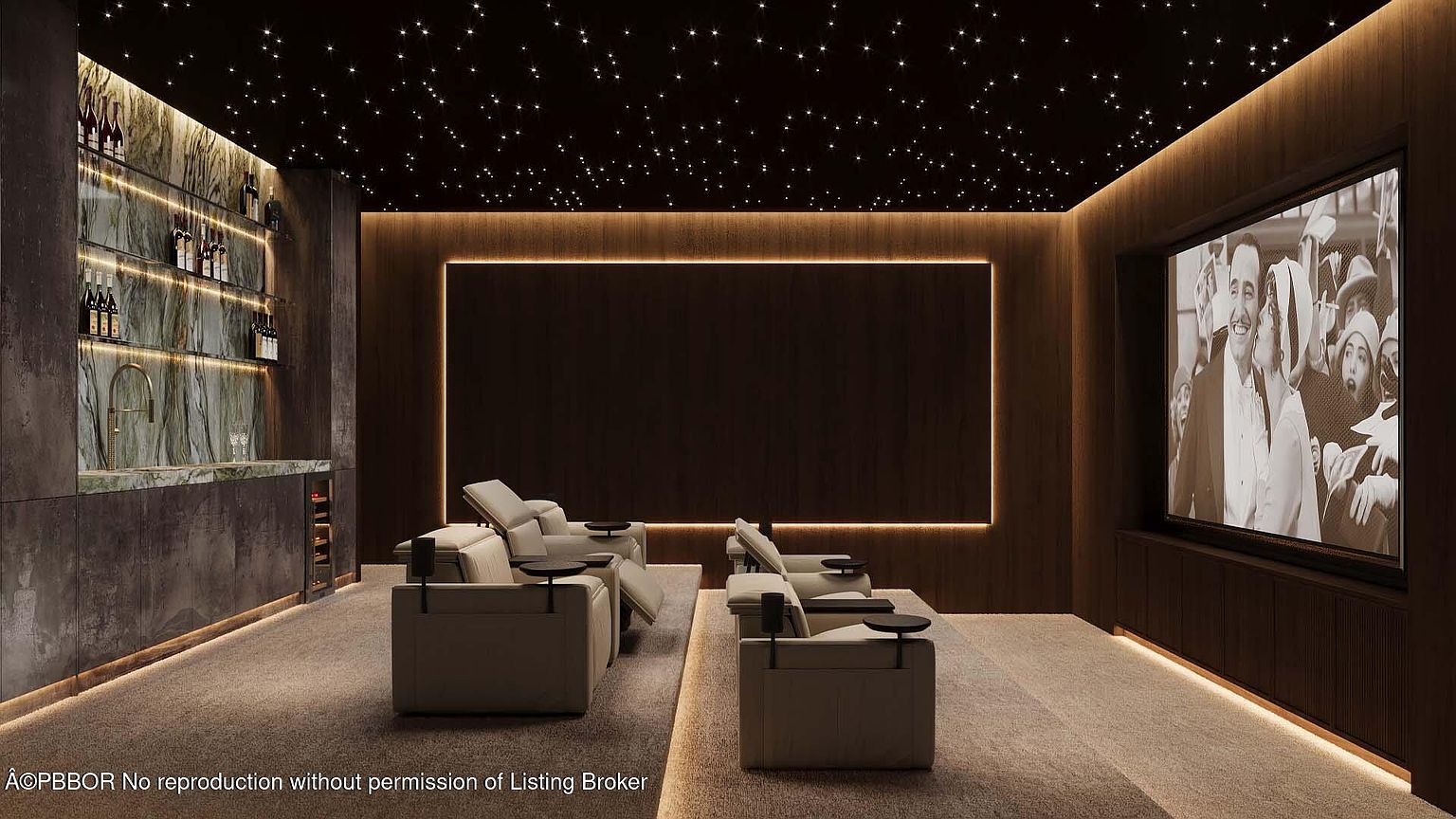 This is an interior shot of a home theater. The room features reclining seats, a large screen, and a bar area with wine storage. The ceiling is decorated with star-like lights, creating a cinematic atmosphere.