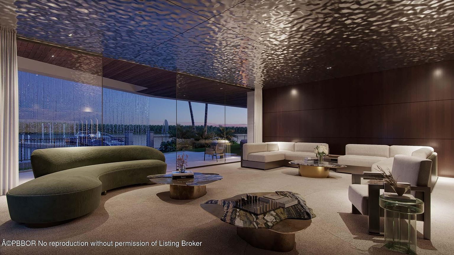 This is a luxurious living room featuring a curved olive-green sofa, a light-colored sectional, and unique coffee tables with reflective surfaces. The room has floor-to-ceiling windows offering an outdoor view, and the ceiling has a textured, reflective finish. The overall impression is modern, elegant, and spacious.