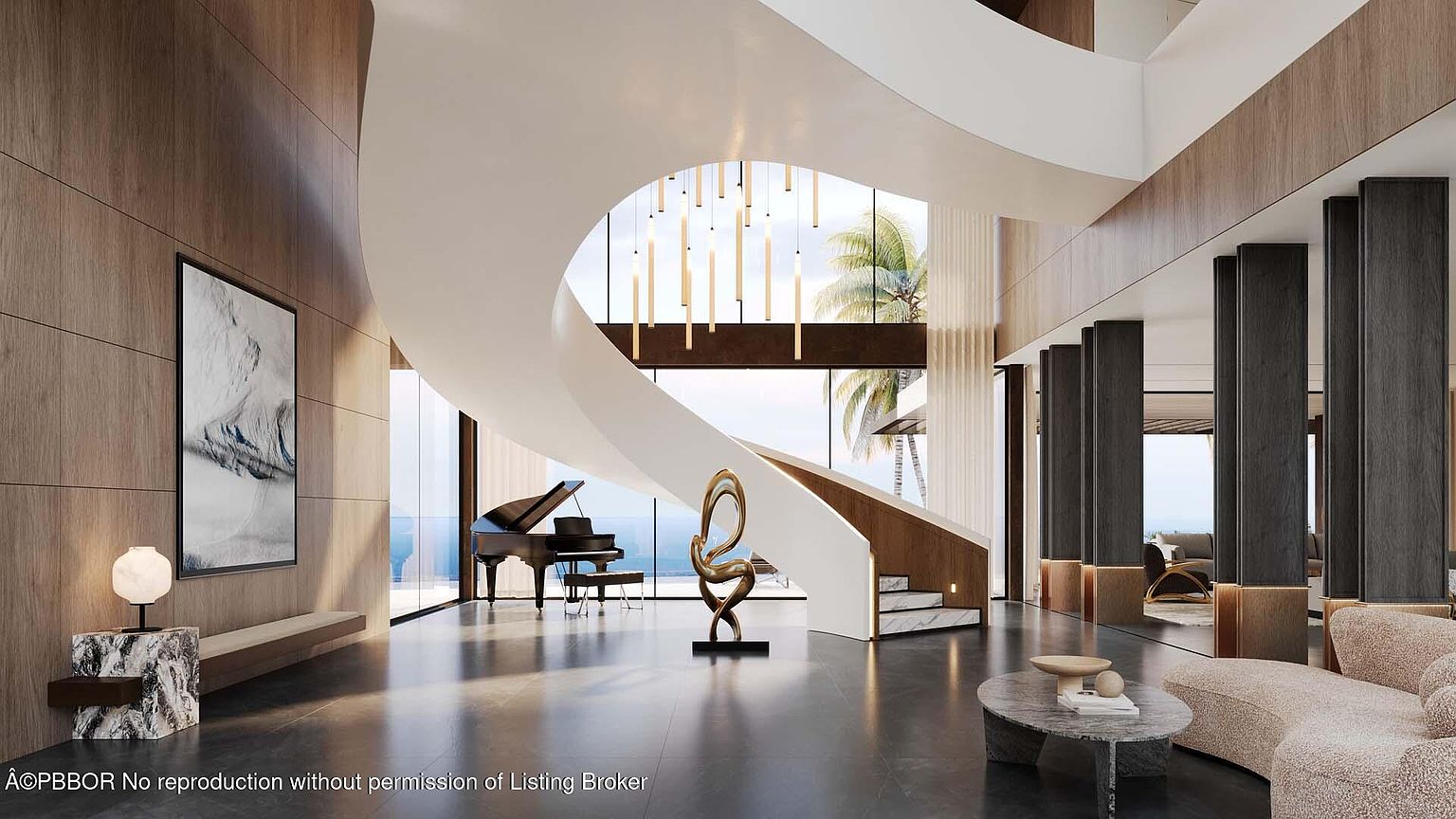 This grand living room features a striking spiral staircase, a grand piano, and a modern sculpture, all bathed in natural light from large windows overlooking the ocean. The space is decorated with a neutral color palette, wood paneling, and contemporary furniture, creating an atmosphere of luxury and sophistication. The perspective is wide and cinematic, emphasizing the scale and design of the room.