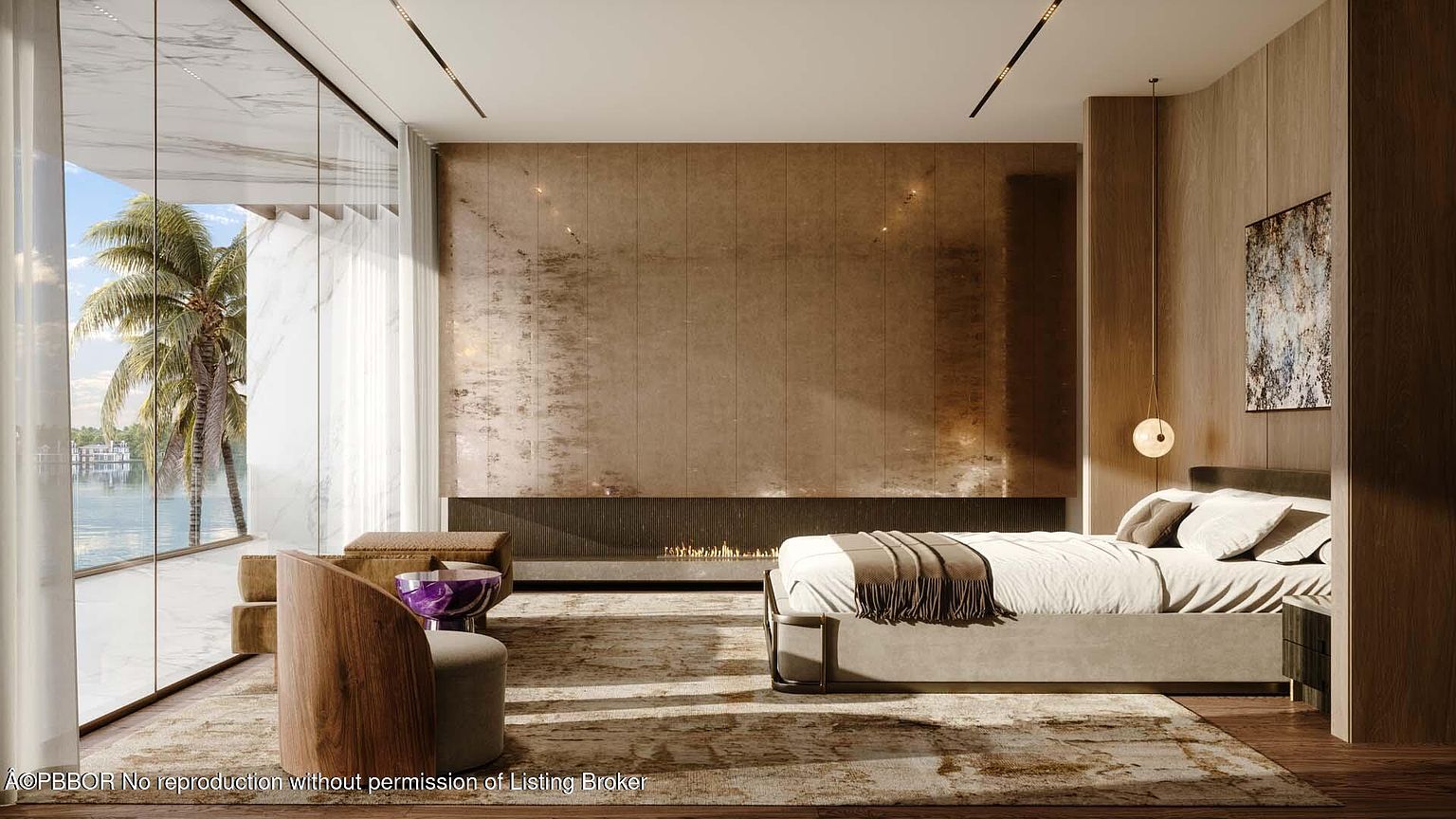 This is a luxurious primary bedroom featuring a king-size bed with a neutral-toned comforter and decorative pillows. The room boasts a modern fireplace set within a textured wall, complemented by a seating area with a unique purple accent table. Large windows offer a view of the waterfront, enhancing the room's serene and upscale ambiance.