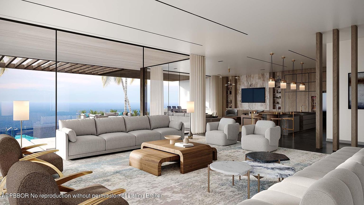 This is a spacious and luxurious living room featuring a large sectional sofa, modern armchairs, and a unique wooden coffee table. Floor-to-ceiling windows offer stunning ocean views, enhancing the room's bright and airy atmosphere. The open-concept design seamlessly connects the living area to the kitchen and dining space, creating an ideal environment for entertaining.