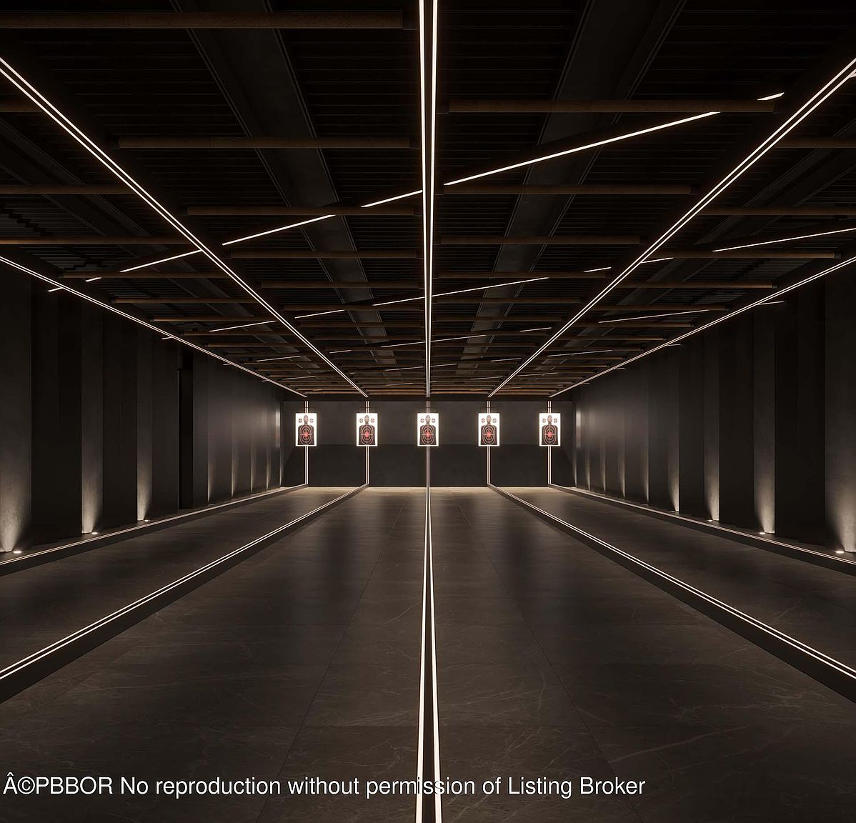 This image showcases a modern indoor shooting range. The space features multiple target lanes with clear lighting and a sleek, dark aesthetic. The design emphasizes functionality and safety, making it an ideal amenity for a luxury property.