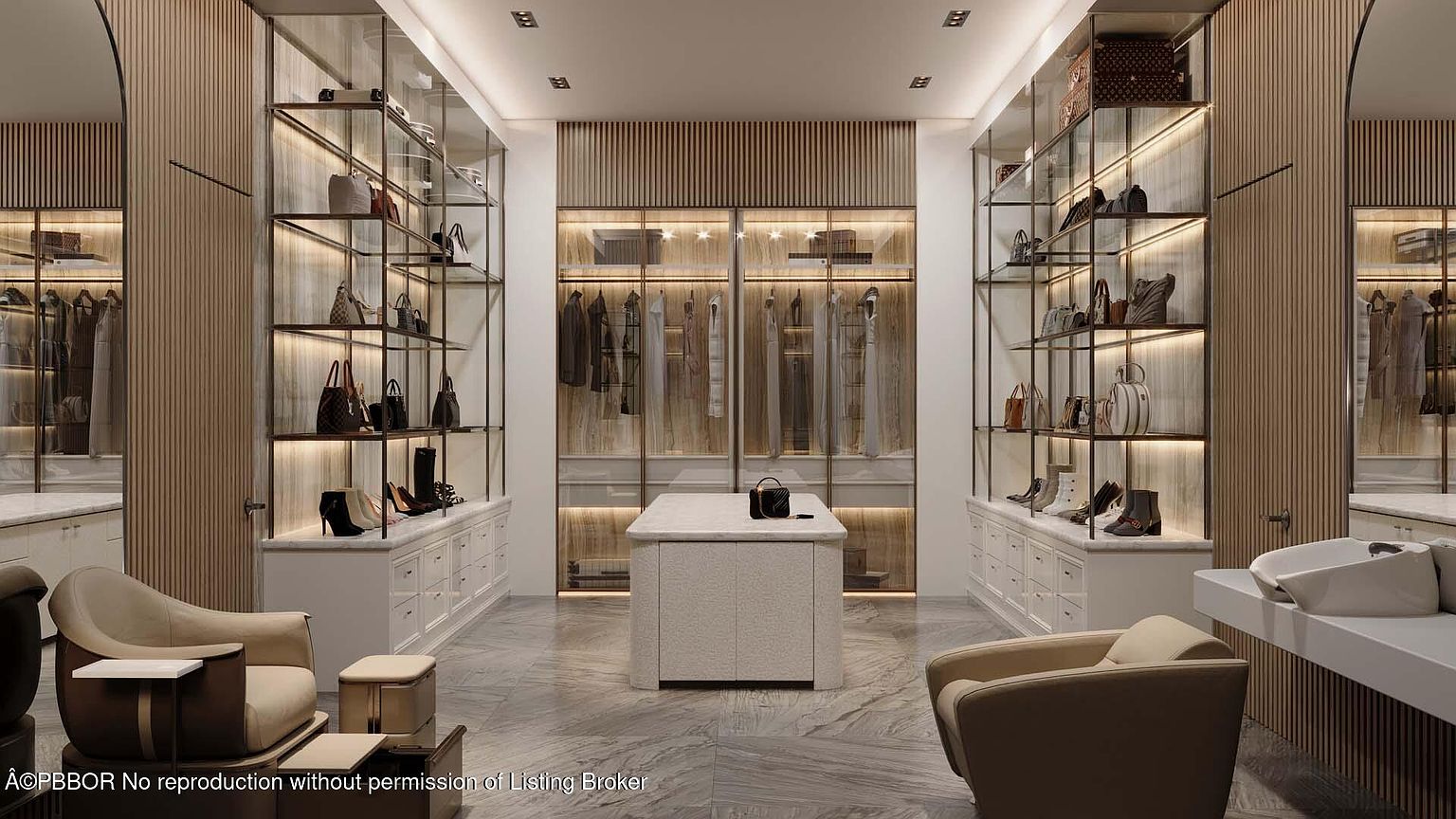 This is a luxurious walk-in closet featuring custom shelving with glass doors and integrated lighting, showcasing handbags and shoes. A central island provides additional storage and display space, while comfortable seating areas offer a place to relax. The overall design is elegant and sophisticated, creating a high-end dressing experience.