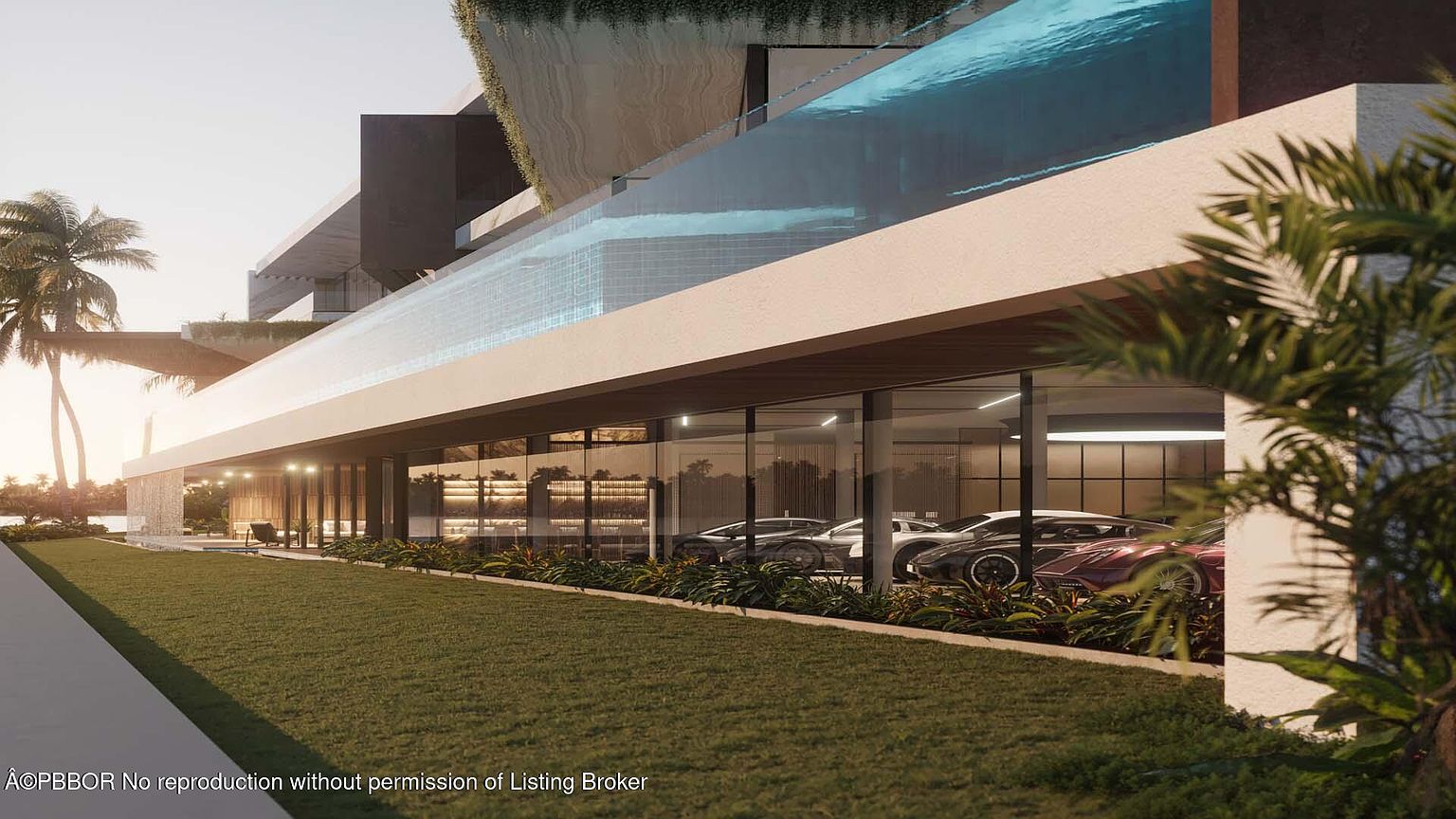 This image showcases a modern architectural design with a unique garage featuring glass walls that display luxury cars. The building has a sleek, horizontal design with a pool above the garage area, and the exterior is complemented by lush greenery and palm trees. The overall impression is one of luxury and sophistication.