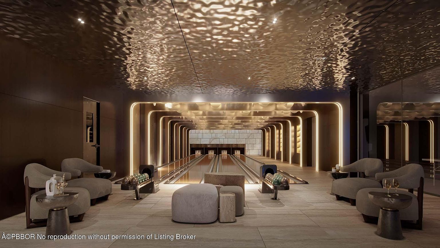This image showcases a luxurious bowling alley, featuring two lanes with modern lighting and comfortable seating areas on either side. The ceiling has a unique, reflective texture, and the overall design exudes a sophisticated and upscale ambiance. The space is designed for entertainment and relaxation, making it a desirable amenity.