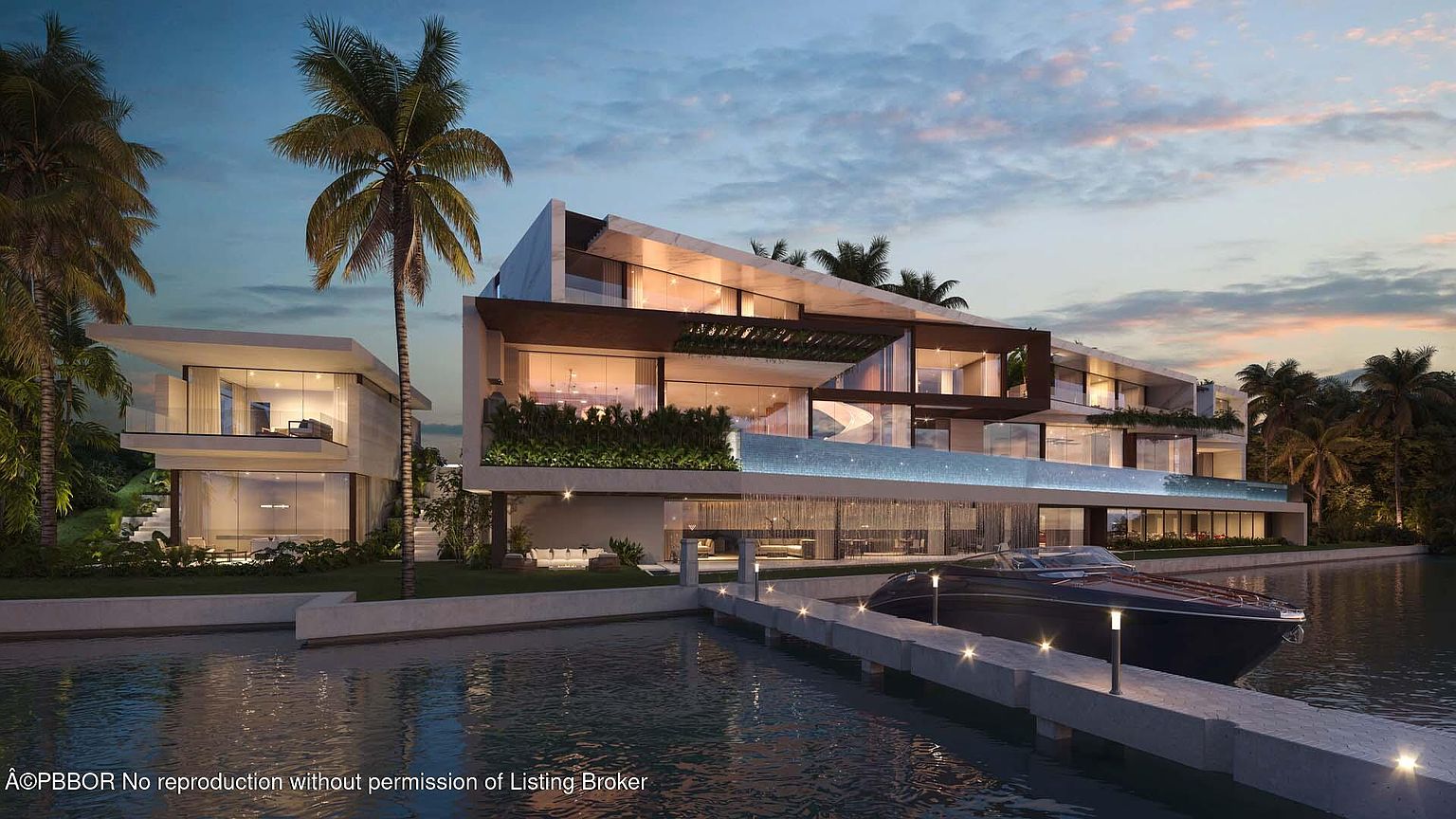 This image showcases the rear exterior of a modern waterfront property at dusk. The architecture features clean lines, large glass windows, and a cantilevered design with an infinity pool. A private dock extends into the water, where a sleek boat is moored, enhancing the property's appeal as a luxury residence with direct water access.
