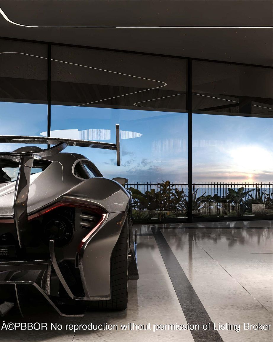 The image showcases the rear of a sleek, modern sports car parked inside a luxurious garage. Large windows offer a stunning view of the ocean and sunset, blending indoor and outdoor spaces seamlessly. The garage features polished tile flooring and minimalist design, emphasizing the car as a focal point.