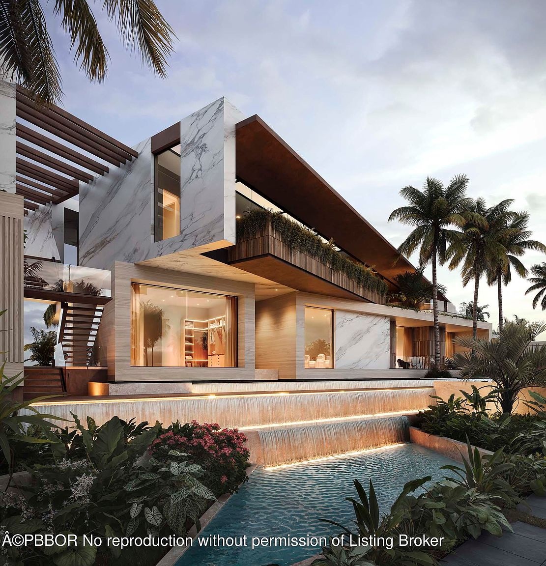 This is a stunning front view of a modern luxury home. The architectural design features a combination of marble and wood elements, with large windows offering views into the interior. A multi-tiered waterfall feature adds to the property's appeal, surrounded by lush tropical landscaping.