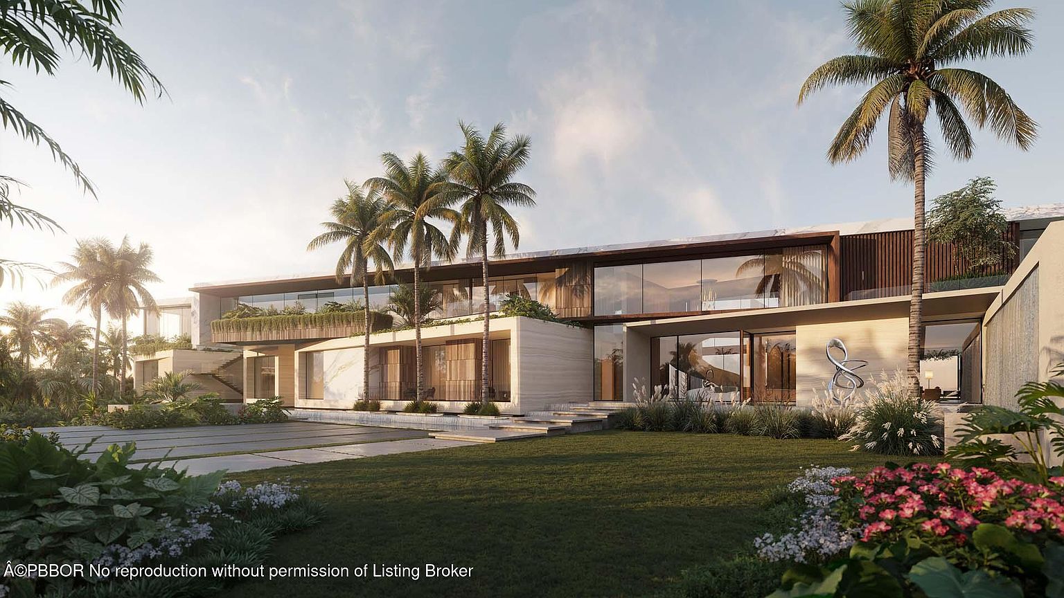 This is a front exterior view of a modern luxury home. The house features a flat roof, large glass windows, and a light-colored facade. Palm trees and manicured landscaping surround the property, enhancing its curb appeal and creating a tropical ambiance.