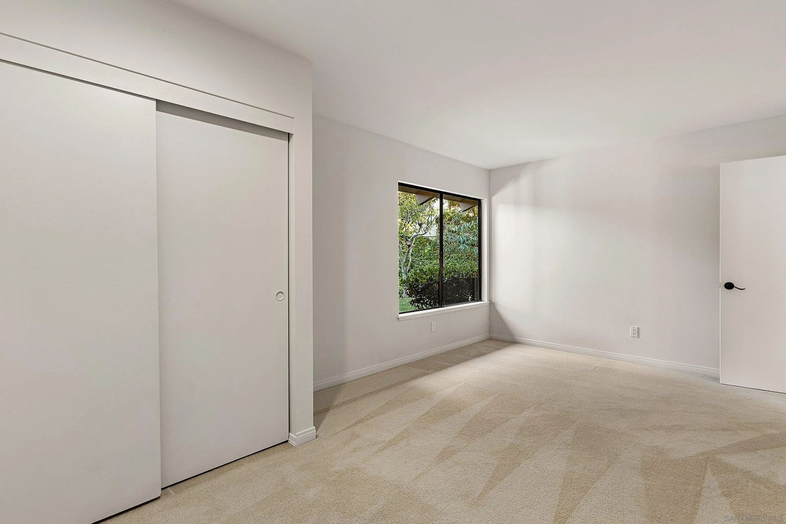 The image showcases a bright, minimalist bedroom with neutral beige carpeting and white walls. A window provides natural light and a view of greenery outside. A closet with sliding doors is on the left, and a doorway is on the right, creating a sense of spaciousness.
