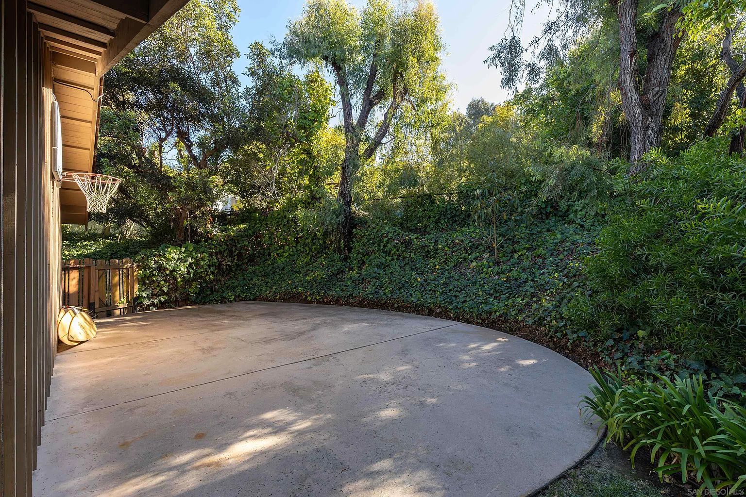 This image showcases a spacious, curved concrete patio area, ideal for outdoor entertaining. Lush greenery and mature trees provide a private and serene backdrop. A basketball hoop is visible on the side of the house, suggesting recreational opportunities.