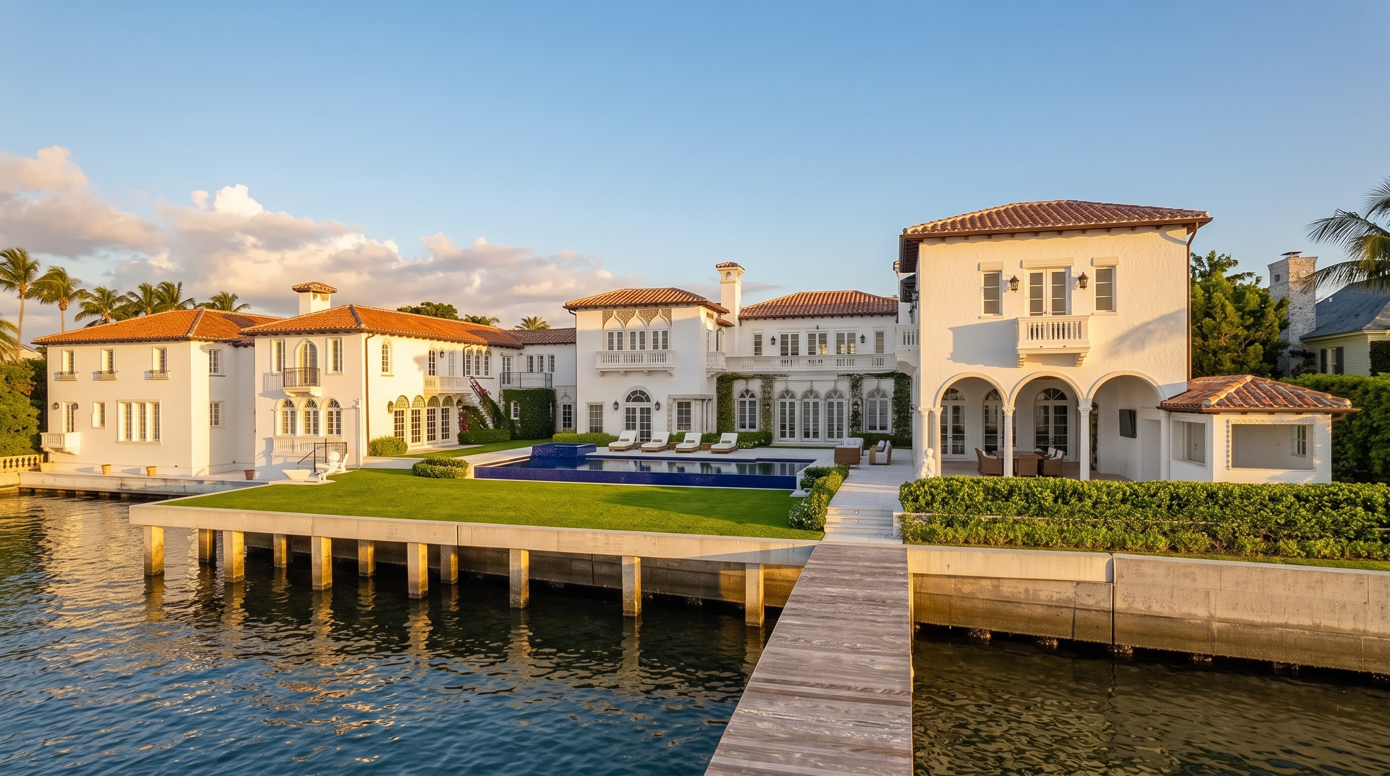 This stunning Mediterranean-style waterfront estate features a sprawling white stucco facade with classic red tile roofing. The expansive outdoor living area includes a pristine lawn and a deep blue swimming pool overlooking the open water, accessible via a private wooden dock. The property's symmetrical architecture and serene coastal setting convey a sense of luxury, privacy, and refined elegance.