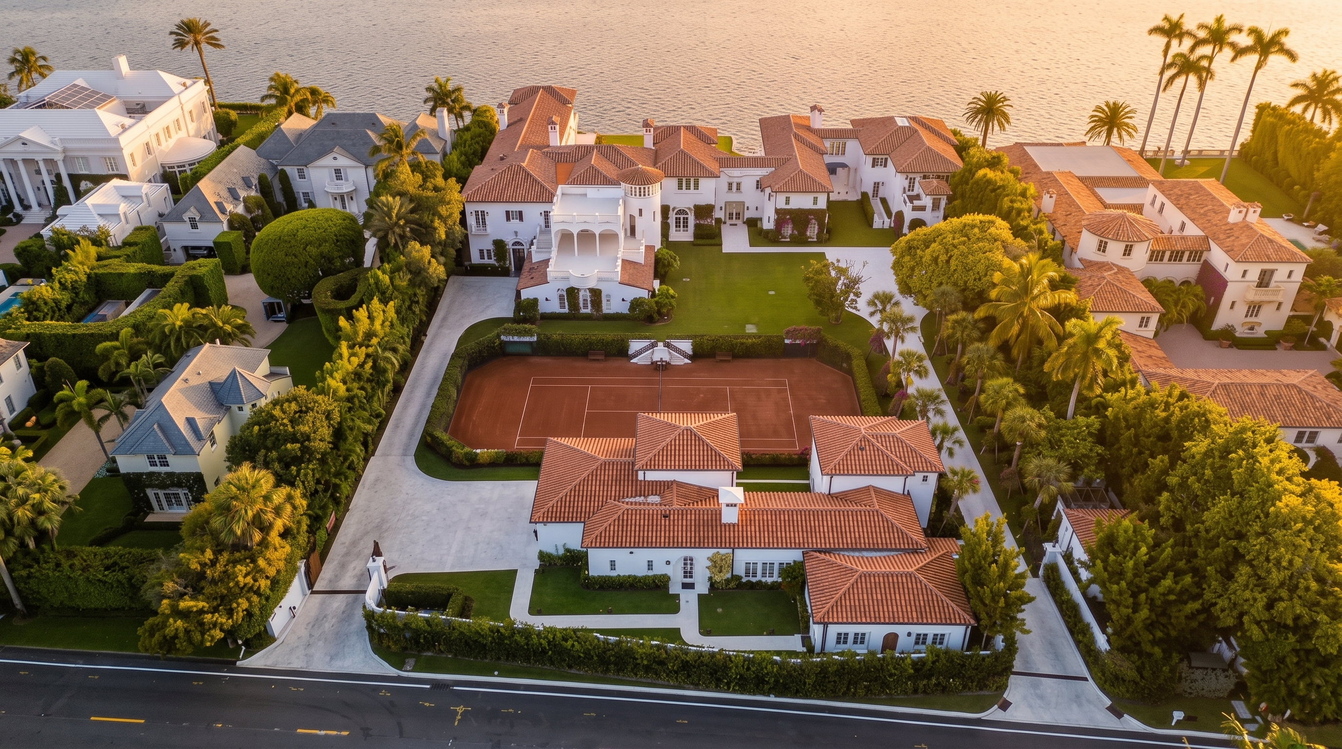 This expansive aerial view captures a luxurious waterfront estate featuring a large main residence and a separate guest house, both characterized by classic Mediterranean-style architecture with terracotta tile roofs. The property boasts a private clay tennis court situated between the two structures, surrounded by lush landscaping and manicured lawns. A private dock extends into the calm blue water, completing this high-end coastal residential compound.