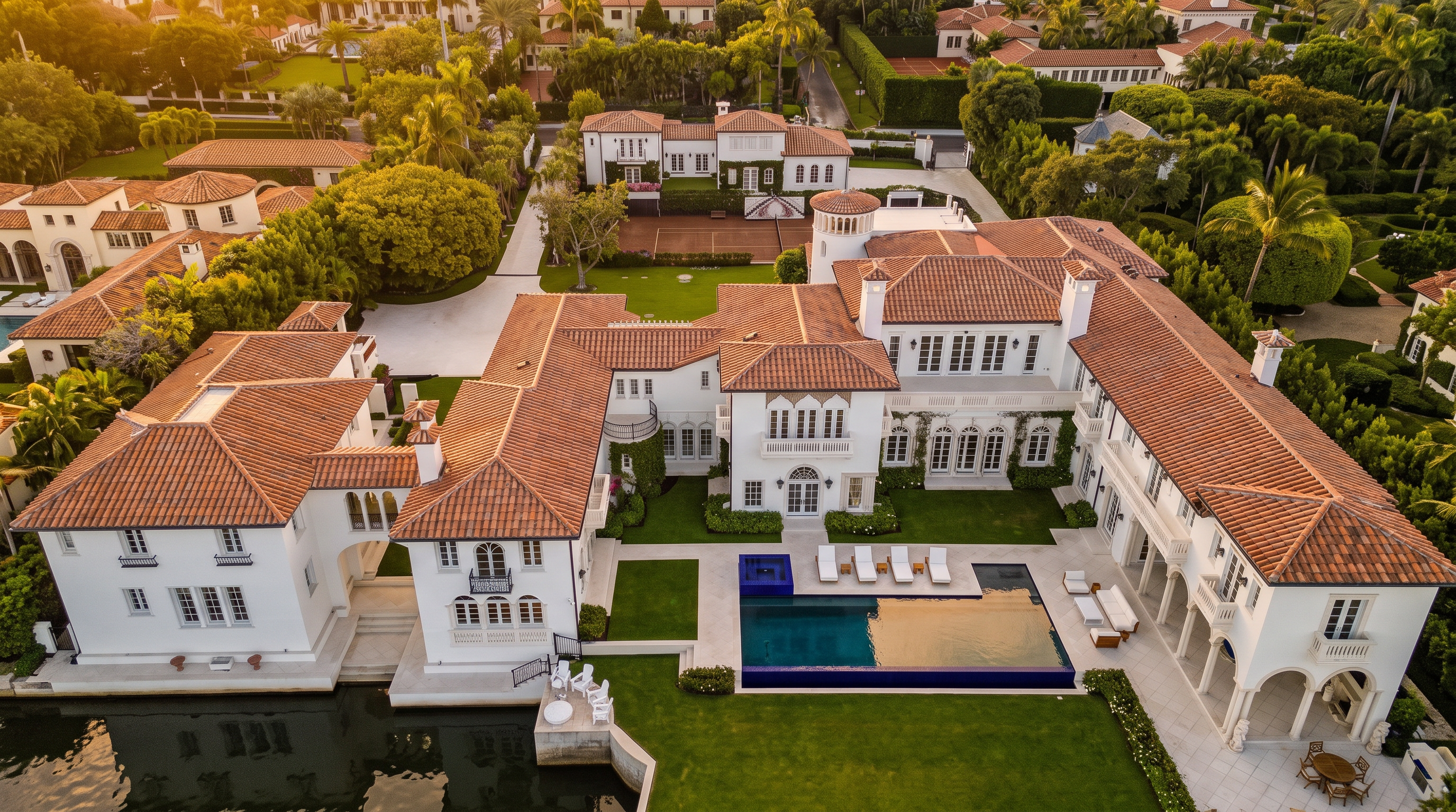This expansive aerial view captures a luxurious Mediterranean-style estate featuring a sprawling multi-winged residence with terracotta-tiled roofs. The property includes a large rectangular swimming pool with an integrated spa, a private tennis court, and meticulously manicured green lawns. The estate is situated along a waterway, showcasing a sophisticated blend of architectural elegance and high-end outdoor living spaces.
