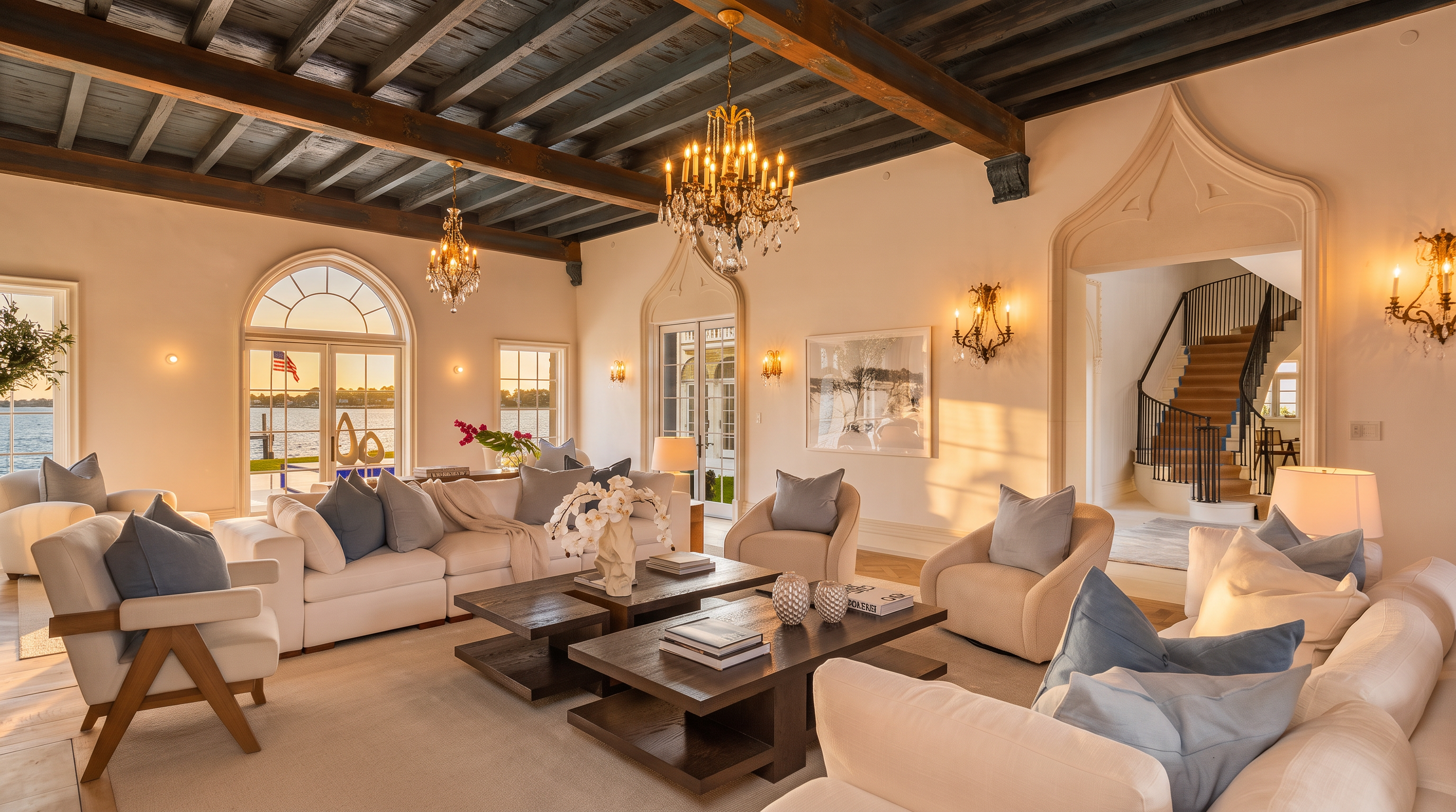 This elegant, expansive living room features a dramatic dark-stained exposed beam ceiling and a bright, airy aesthetic with white walls and plush seating. The space is anchored by two large, dark wood coffee tables and is illuminated by ornate crystal chandeliers, while tall arched windows provide a stunning view of the waterfront. A grand arched doorway leads to a staircase, enhancing the sophisticated, Mediterranean-inspired architectural character of the home.