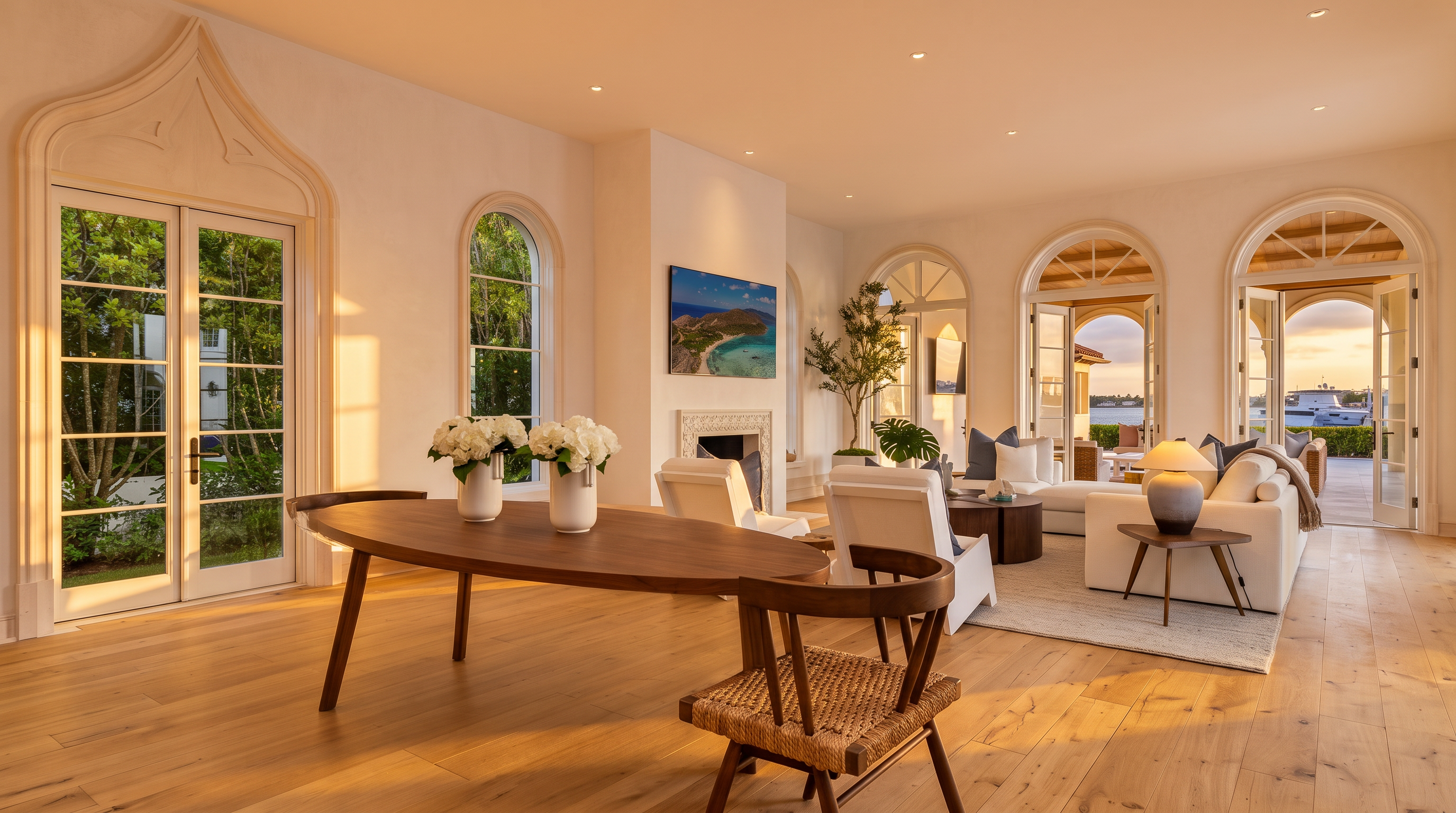This bright, open-concept living and dining area features light wood flooring and a neutral color palette that emphasizes the airy atmosphere. The dining space is anchored by an oval table with woven-back chairs, while the adjacent living area includes plush white seating and a television mounted above a fireplace. Large arched windows and glass doors provide abundant natural light and offer a seamless transition to the outdoor patio and waterfront view.