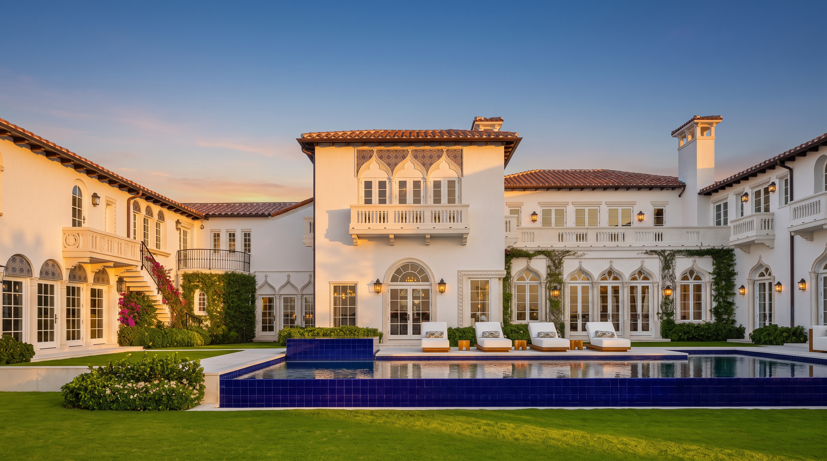 This grand Mediterranean-style estate features a symmetrical white stucco facade with intricate arched detailing and a terracotta tile roof. A sprawling, manicured lawn leads to a vibrant blue tiled swimming pool, which serves as the focal point of the expansive backyard. The architecture is complemented by lush climbing greenery and multiple sets of tall glass doors that provide seamless indoor-outdoor connectivity.