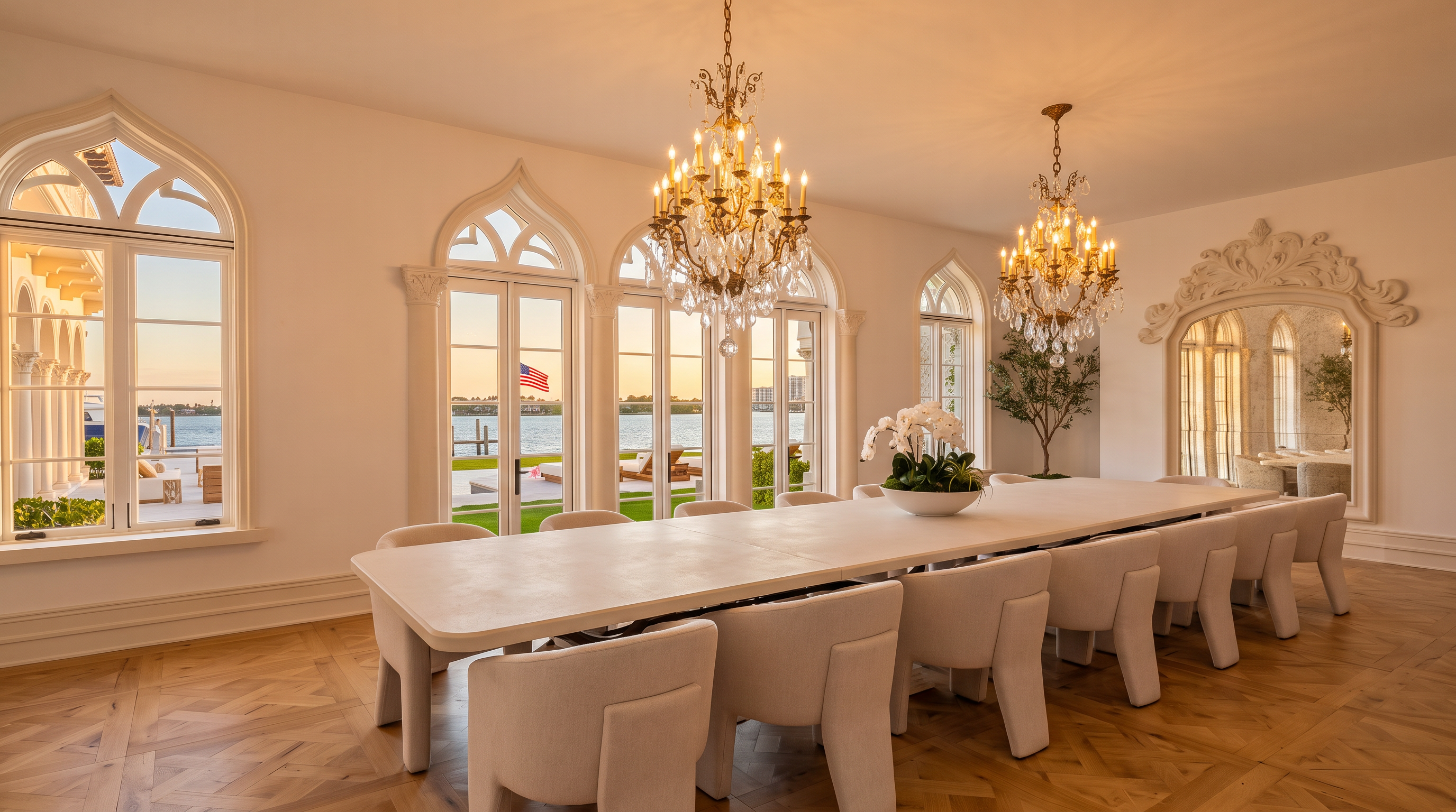 This elegant dining room features a long, light-toned table surrounded by upholstered chairs, set against a backdrop of tall, arched windows that offer expansive water views. Two ornate crystal chandeliers hang from the ceiling, casting a sophisticated glow over the space, which is finished with light-toned herringbone wood flooring. A large, decorative mirror with an intricate frame reflects the room, enhancing the sense of scale and luxury in this bright, airy space.