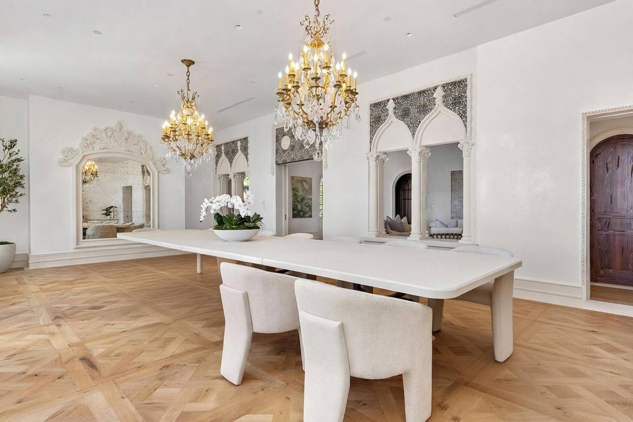 This elegant dining room features a long, minimalist white table surrounded by modern, upholstered chairs set upon light wood flooring arranged in a herringbone pattern. The space is illuminated by two ornate crystal chandeliers and accented by intricate, arched architectural wall niches with decorative tile work. The room exudes a sophisticated, airy atmosphere with its bright white walls and classic, refined aesthetic.