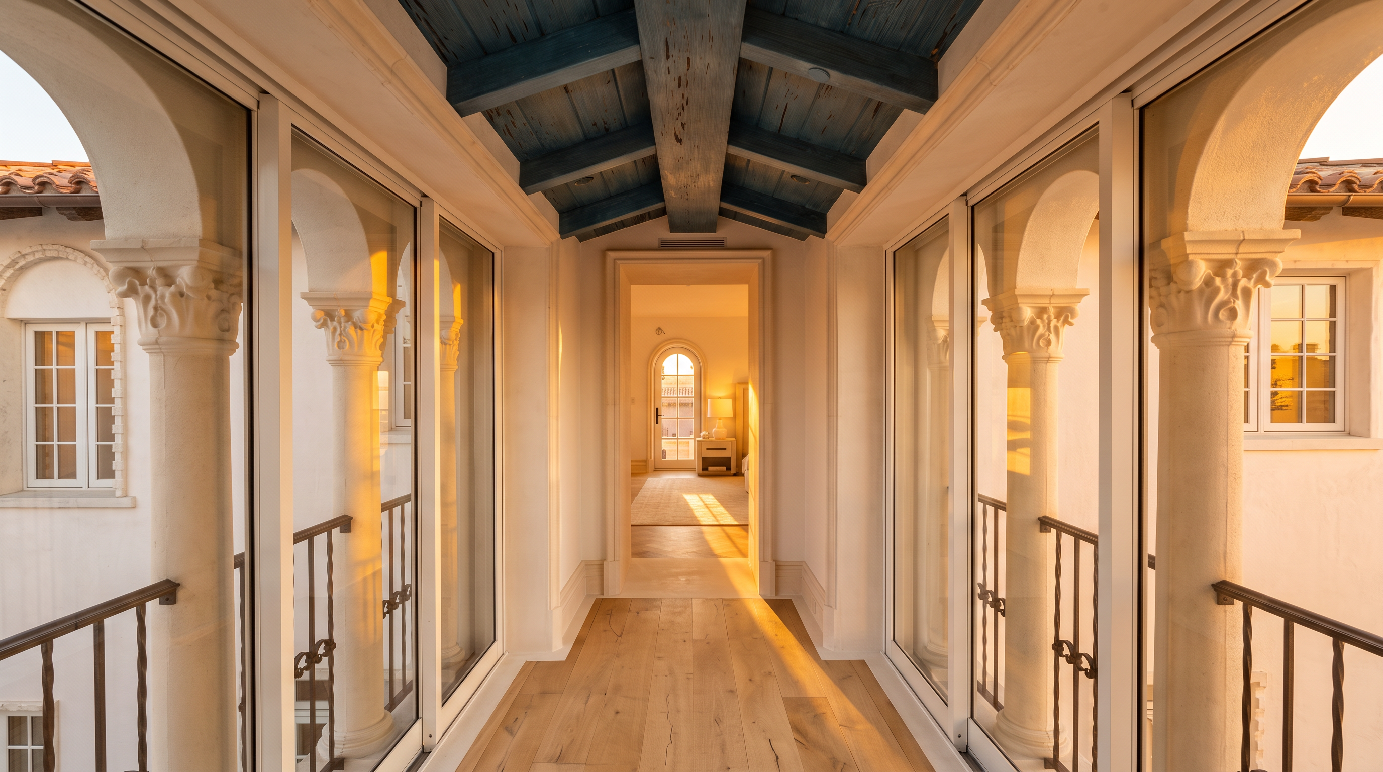 This elegant hallway features a striking blue-painted exposed beam ceiling that contrasts with the bright white walls and light wood flooring. The space is flanked by large glass panels framed by classical columns, creating an open, airy atmosphere that leads the eye toward a distant doorway. The architectural design blends traditional Mediterranean elements with a clean, modern aesthetic.