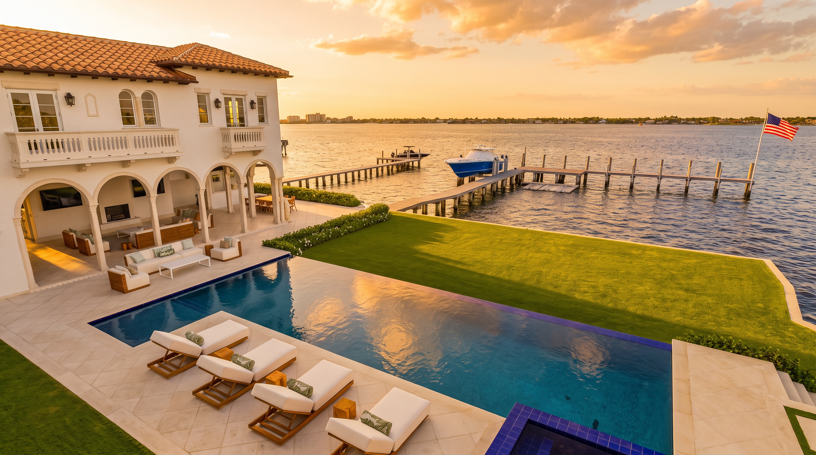 This high-angle aerial view captures a luxurious waterfront estate featuring a sprawling white Mediterranean-style home with a covered patio and an infinity-edge pool. The property includes a manicured green lawn that transitions into a private wooden dock extending into the calm blue bay, where a boat is moored. The scene is bathed in bright, clear daylight, emphasizing the expansive outdoor living space and the serene coastal setting.