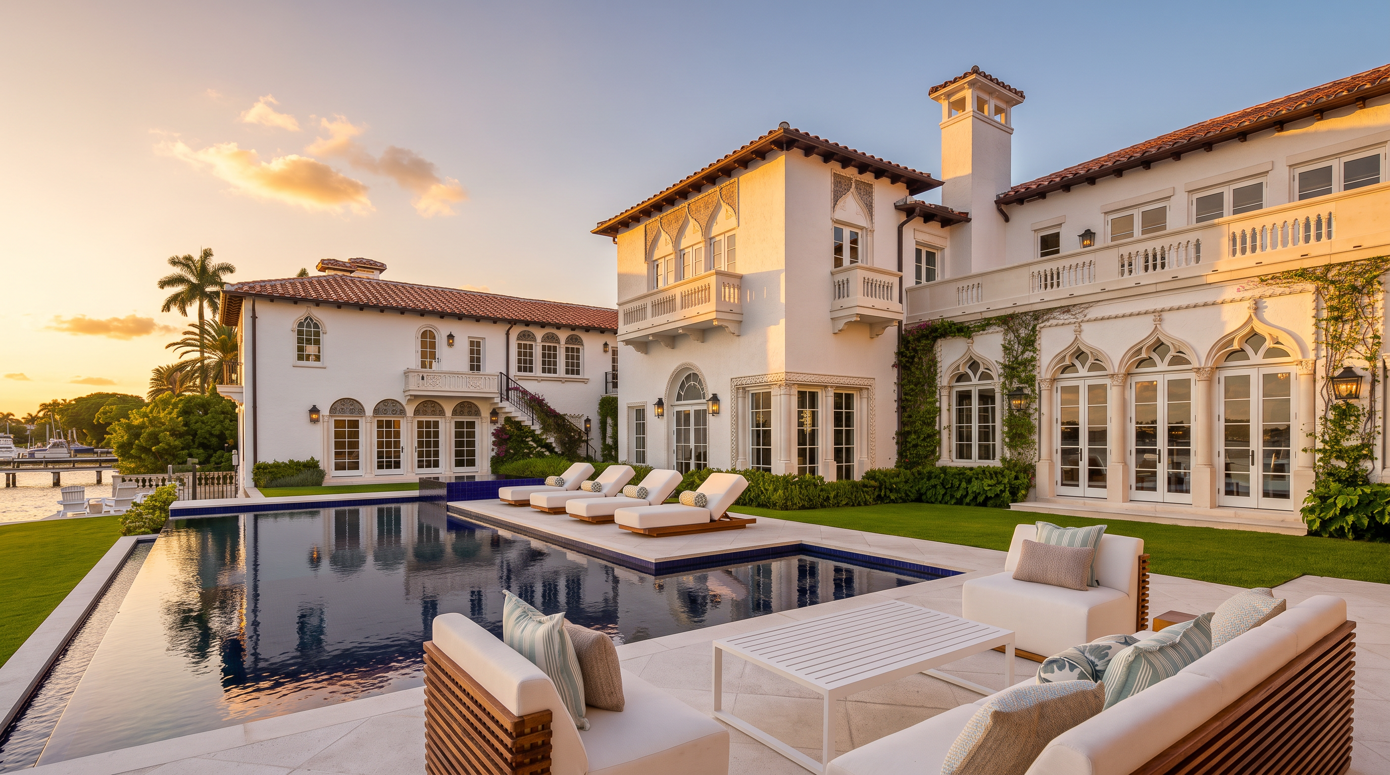 This expansive Mediterranean-style estate features a large, rectangular swimming pool as the centerpiece of a luxurious outdoor living area. The white stucco architecture is accented by arched windows, terracotta roof tiles, and lush green landscaping, creating a bright and elegant atmosphere. In the foreground, comfortable outdoor lounge furniture is arranged on a stone patio, offering a perfect vantage point for viewing the pool and the adjacent waterfront.