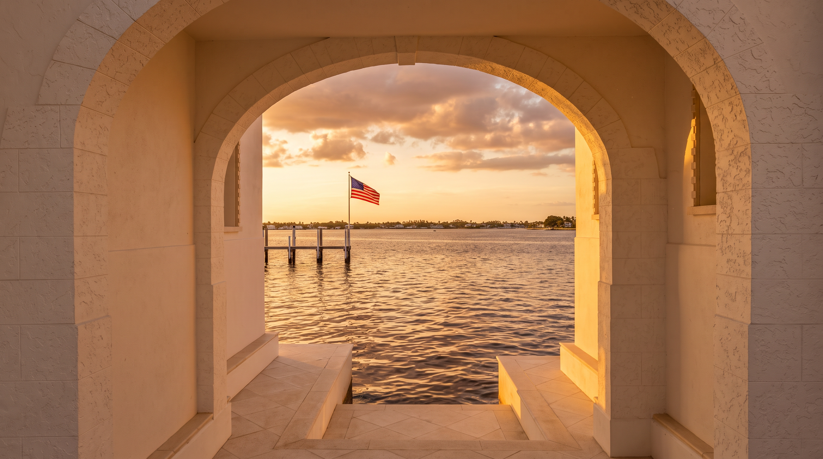 This image captures a view from a covered, arched stone loggia looking out toward a serene waterfront. The perspective frames the blue water and a distant shoreline through the architectural archway, which features light-colored stone masonry and tiled flooring. A small wooden dock extends into the water, and an American flag is visible in the distance, creating a peaceful and picturesque coastal atmosphere.